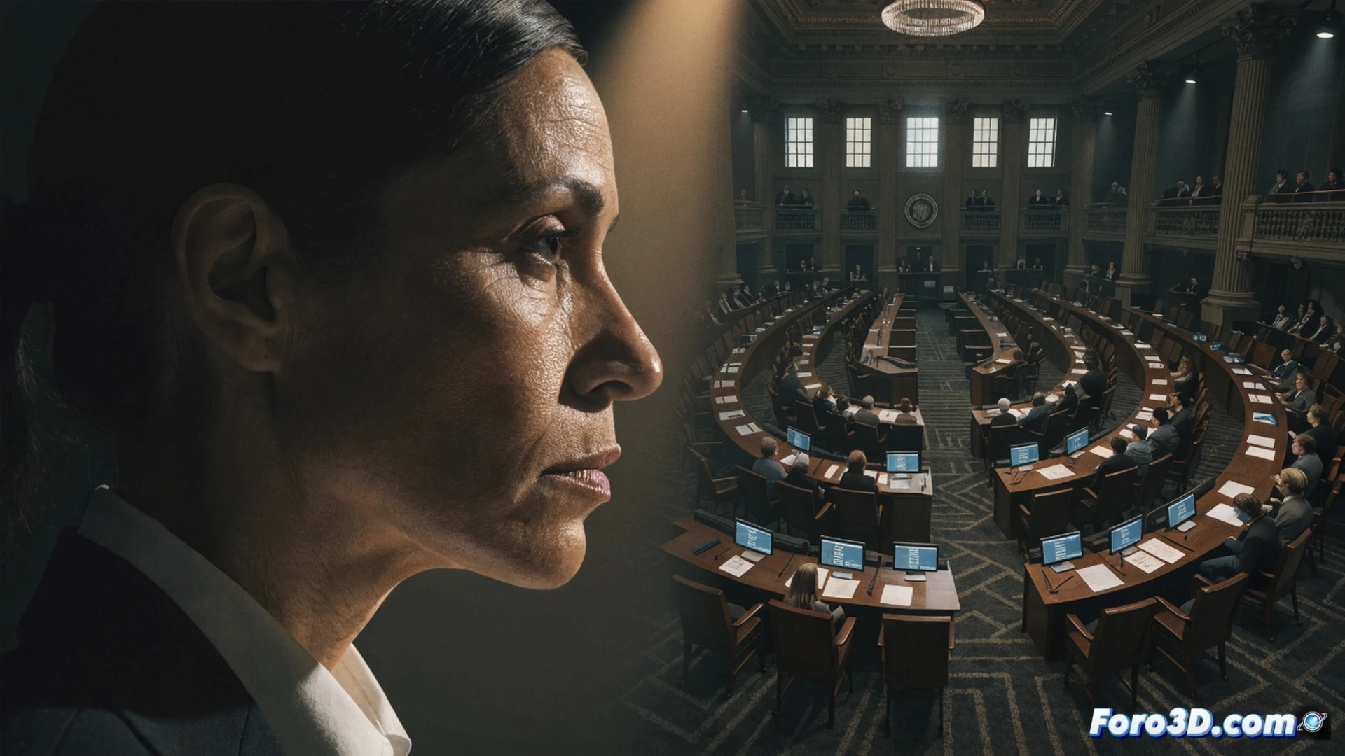 senate hearing chamber, empty witness chair with microphone, legal documents stacked on polished wood table, digital display showing SEPI investigation logo, camera flash reflecting off glass water pitcher, cinematic photorealistic technical illustration, dramatic overhead lighting, security cameras mounted on walls, empty seat symbolizing silence, procedural legal atmosphere, ultra-detailed wood grain and metal surfaces, realistic shadows from venetian blinds, forensic investigation aesthetic