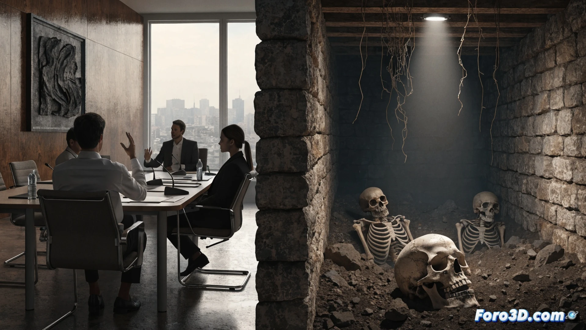 unexcavated mass grave in a Spanish countryside, forensic archaeologists using ground-penetrating radar and trowels, a diputación official placing a symbolic white flower on untouched earth while skeletal remains remain buried below, photorealistic technical illustration, harsh midday sunlight casting long shadows, rusted metal markers and unopened excavation tools scattered nearby, dramatic contrast between empty ceremony and necessary forensic work, realistic soil textures and bone fragments partially visible through cracked dry ground