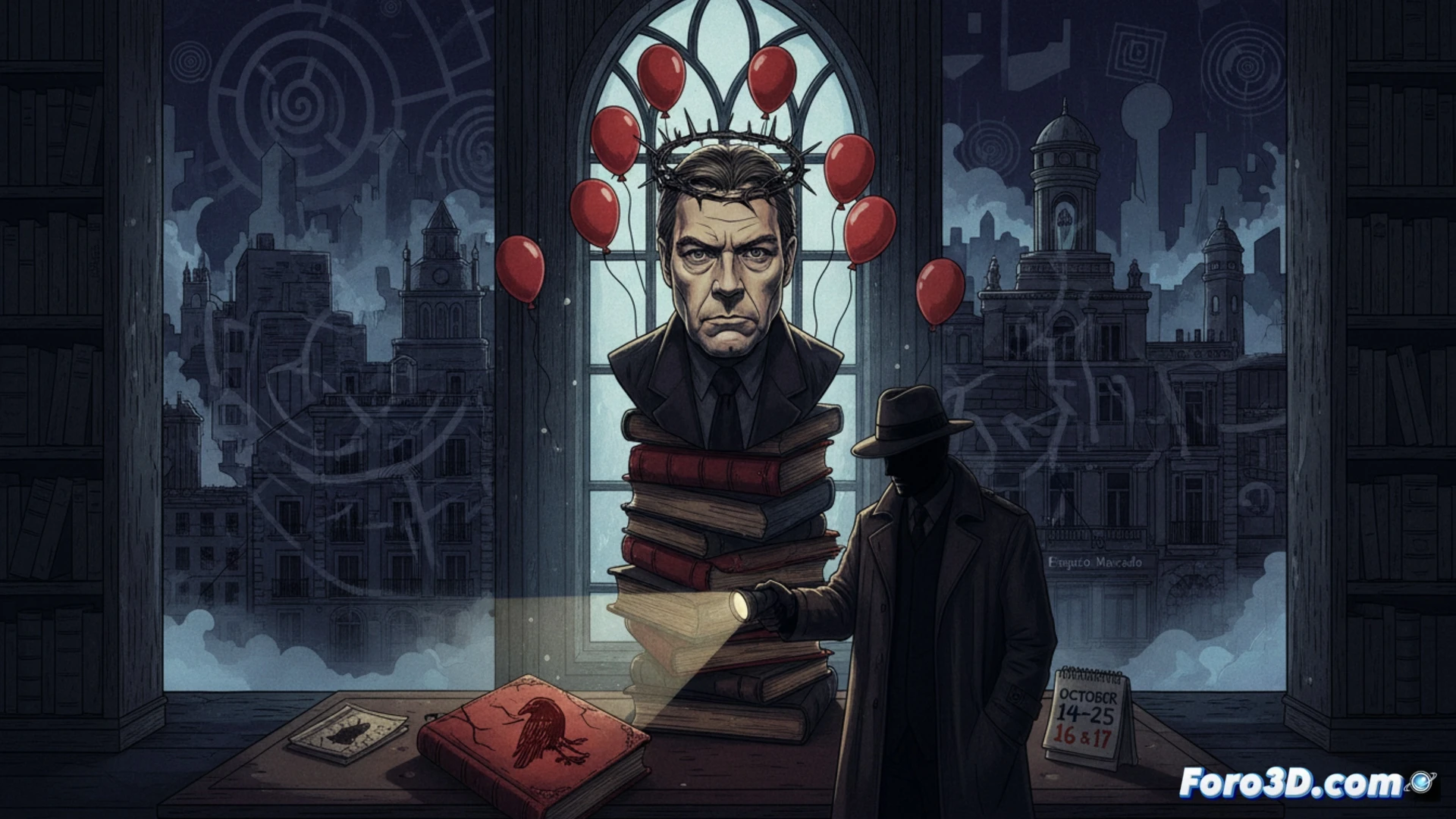 cinematic wide shot of a university lecture hall transformed into a noir-themed space, a digital tablet on a podium displaying a glowing manuscript page with red ink corrections, a holographic projection of a haunted library floating above the stage, audience members silhouetted in shadows, a professor gesturing toward a suspended digital screen showing a crime scene investigation interface, photorealistic technical illustration, dramatic chiaroscuro lighting, dark wood paneling, stacked law books and forensic tools on side tables, smoke machine haze catching blue spotlight beams, ultra-detailed textures of leather chairs and microphones on desks, academic noir atmosphere