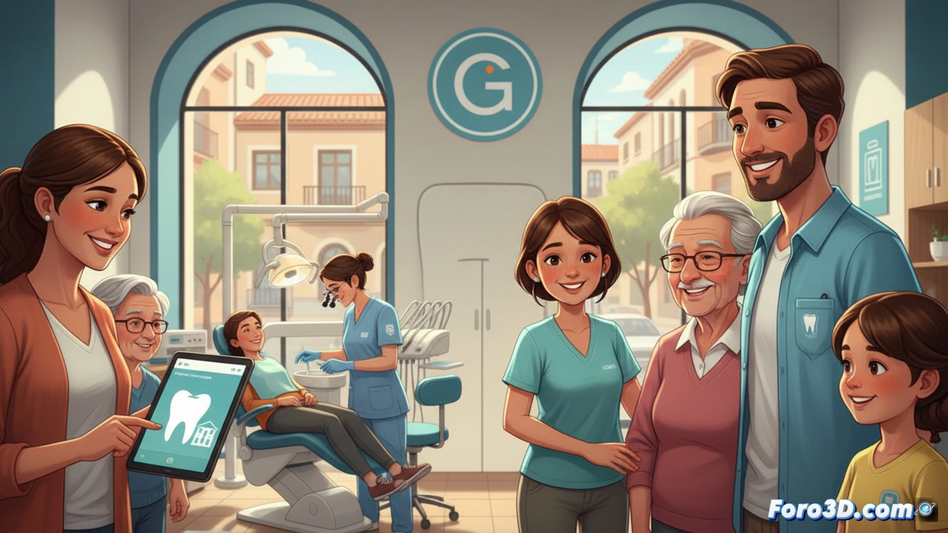 photorealistic dental clinic interior in Getafe municipal building, a dentist in white coat using a dental drill on a patient lying in a reclining chair, dental tools arranged on a metallic tray, overhead LED examination light illuminating the scene, patient holds a wallet showing money saved, through the window a Spanish town hall visible, warm clinical lighting, detailed medical equipment, affordable healthcare concept, cinematic technical illustration, realistic textures on dental chair and instruments