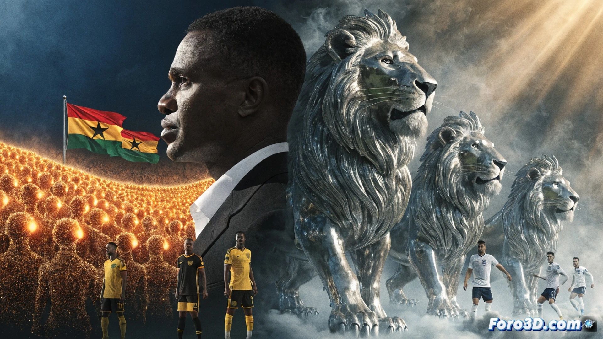 A wide-angle cinematic shot of a Ghanaian football stadium at night, 33 million glowing phone lights forming a massive wave in the stands, a single football mid-air during a powerful kick, the ball's trajectory intersecting with a stylized lion crest being shattered into digital fragments, photorealistic sports visualization, dramatic floodlight beams cutting through smoke, sweat droplets frozen in motion on a player's face, ultra-detailed grass texture with mud splashes, high-contrast dynamic lighting, technical illustration style with motion trails.