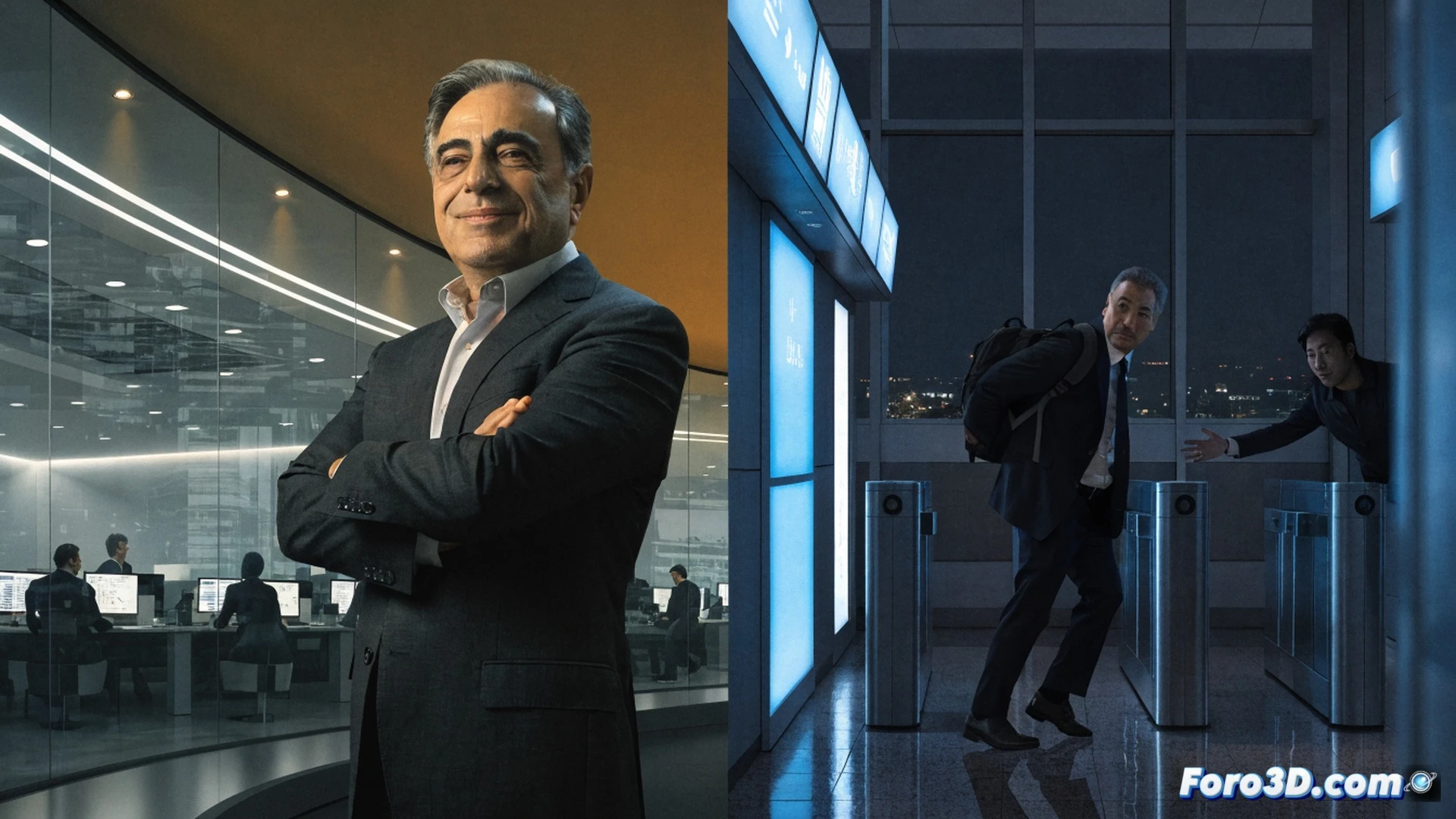 Carlos Ghosn standing in a dark boardroom projection room, pointing at a holographic Nissan financial dashboard showing plunging stock graphs and red warning indicators, furious investors in blurred silhouettes raising hands demanding action, a broken executive chair and scattered technical blueprints on the floor, dramatic cinematic lighting with cold blue and angry red tones, photorealistic engineering visualization, intense corporate atmosphere, shadows cast by data screens, tension visible in clenched fists and open mouths, ultra-detailed business environment render