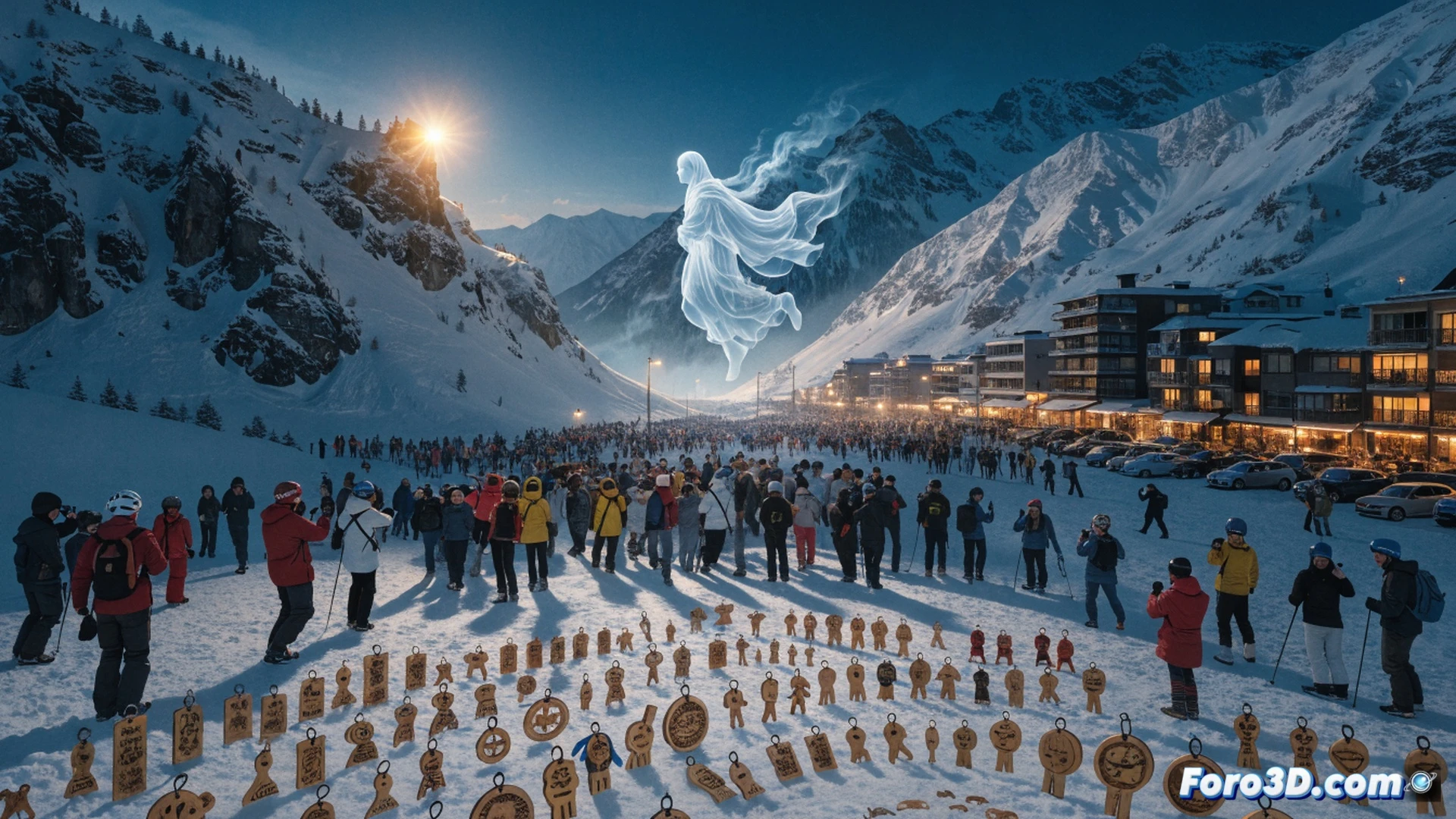 Japanese alpine town Niseko covered in fresh snow, tourists walking through a wooden souvenir shop holding Ghost of Yotei keychains and magnets made from local wood, a cash register showing transaction process with Sony branding on display, a craftsman carving a wooden keychain with a chisel while a player holds a smartphone showing the game map, steam rising from hot springs in background, cinematic photorealistic style, soft winter daylight, snowflakes falling, warm glow from shop lanterns, detailed wood grain textures, ultra-realistic snow reflections, dramatic contrast between cold exterior and warm interior, technical illustration quality