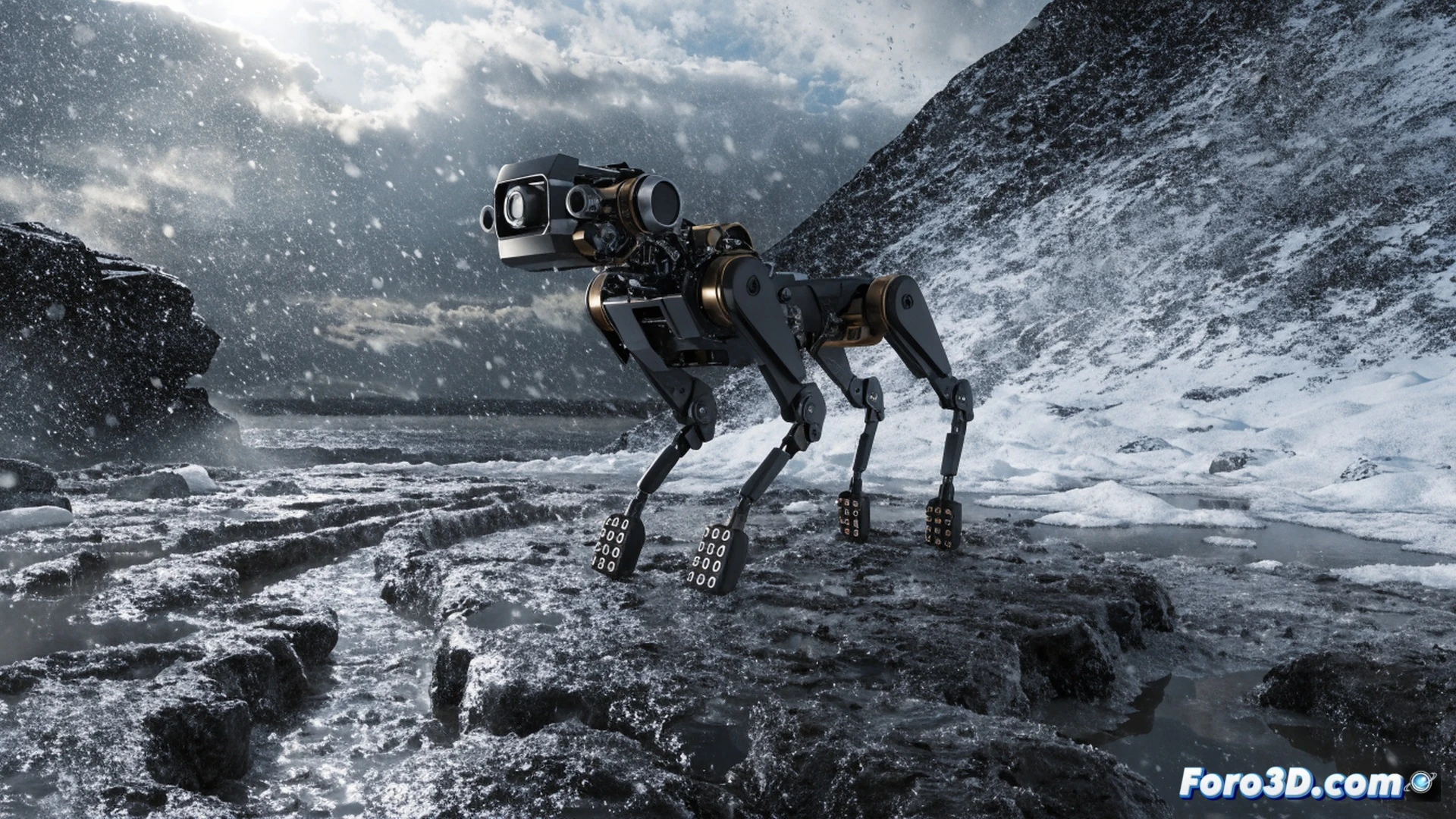Ghost Robotics Vision 60 cuadrúpedo robótico militar avanzado avanzando a través de un terreno fangoso y nevado durante una tormenta, mostrando sus patas articuladas en acción mientras levanta sensores modulares montados en su lomo, componentes metálicos expuestos a la intemperie, cámaras y antenas visibles en su estructura, barro salpicando durante el movimiento, luces LED rojas indicando estado operativo, fondo con infraestructura industrial abandonada y niebla densa, estilo cinematográfico fotorrealista, iluminación dramática de bajo contraste, texturas de óxido y suciedad en el chasis, motion blur en las patas traseras, render técnico ultra detallado