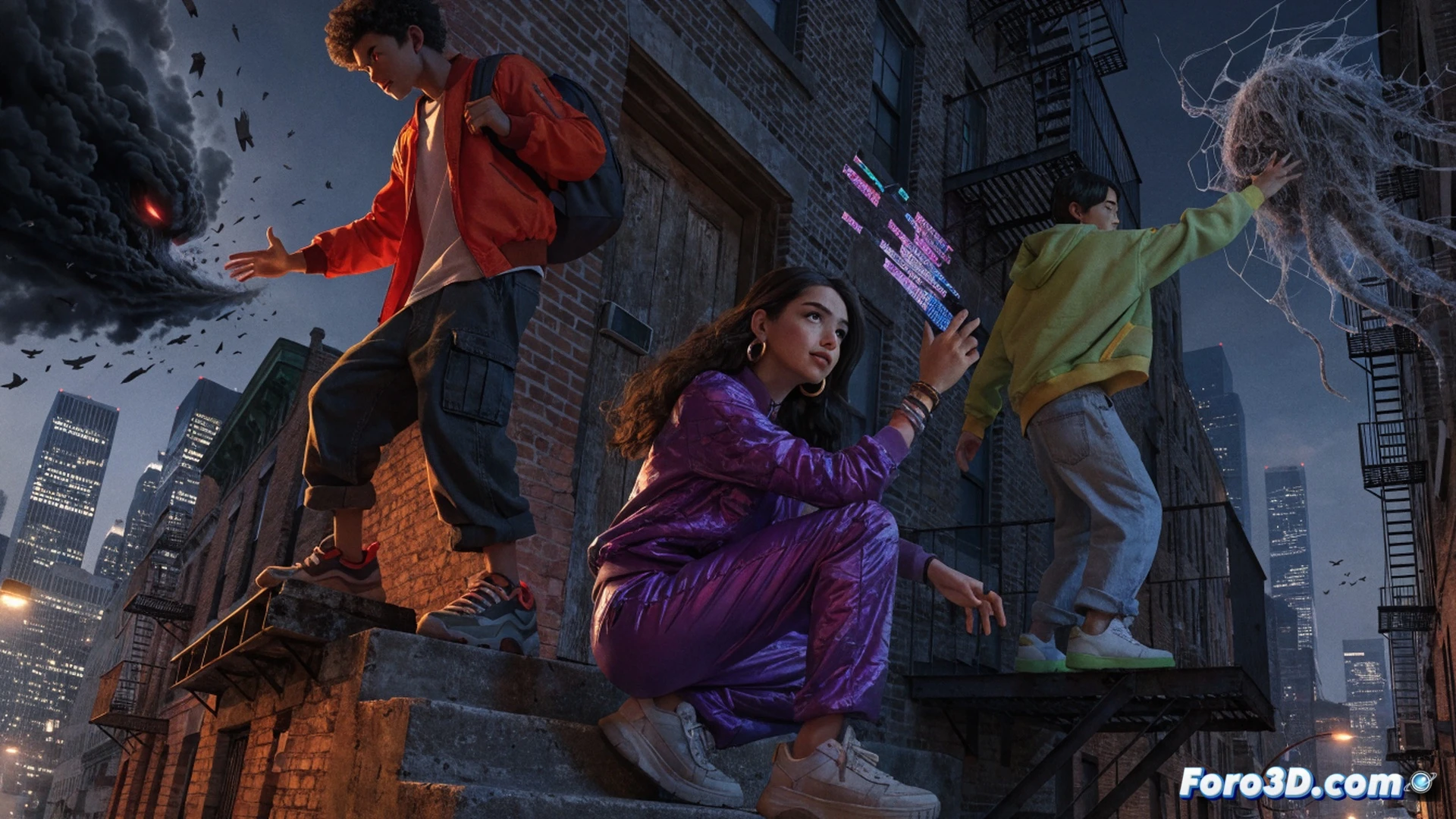 Three teenagers in neon-blue ghost costumes leaping across a New York rooftop at night, one girl throwing a glowing energy orb at a translucent storm monster made of swirling clouds and lightning bolts, another boy holding a cracked smartphone emitting digital glitch effects while facing a tech-failure phantom, third hero using a holographic shield projector on her wrist, skyscrapers with lit windows in background, cinematic action scene with dramatic upward angle, motion blur on capes and debris, glowing spectral trails intersecting, dark blue and purple color palette, photorealistic 3D animation style, dynamic lighting from street lamps and ghost glows, ultra-detailed city textures, high-contrast shadows.