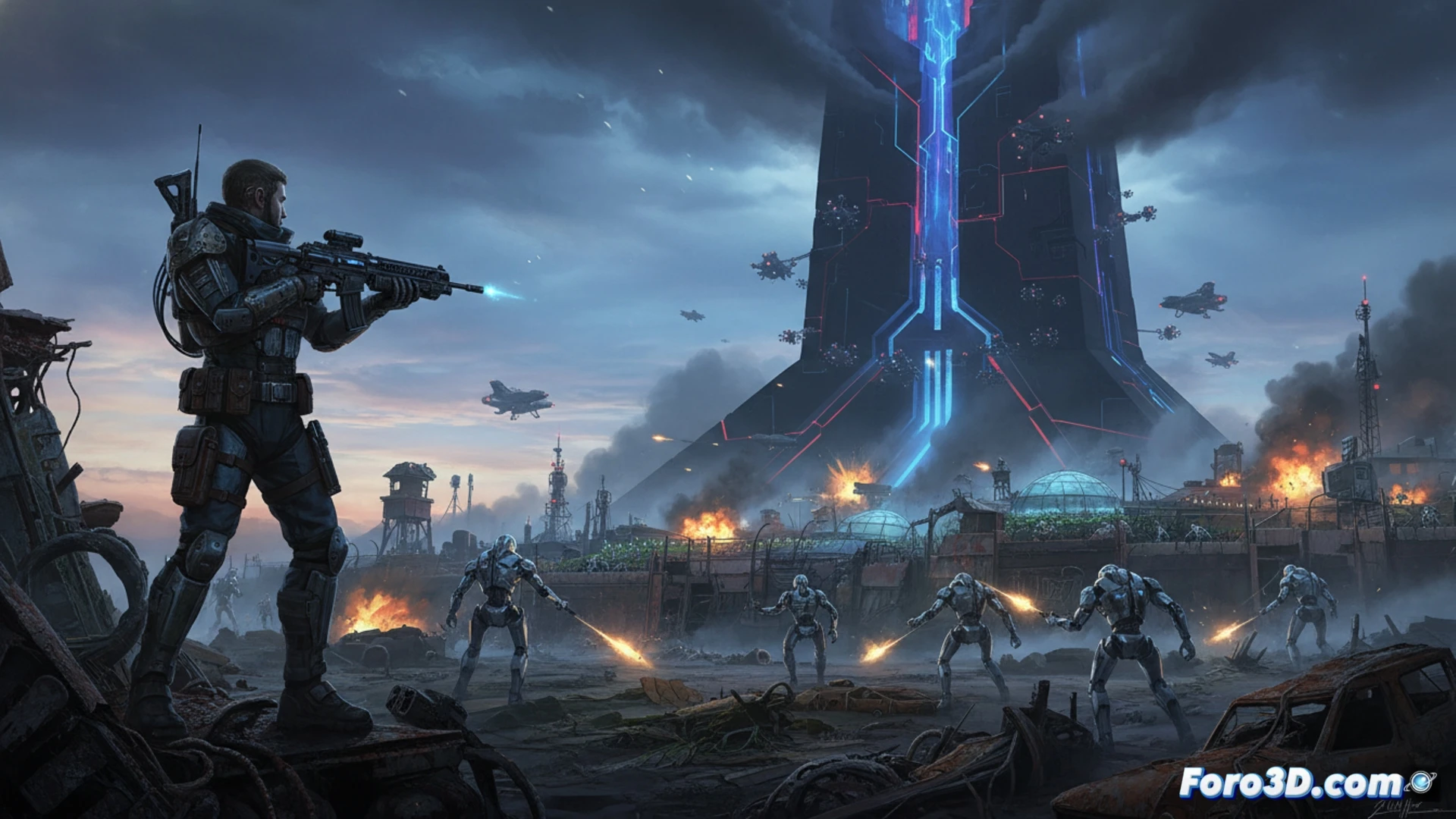 third-person action scene showing a human survivor aiming a plasma rifle at a damaged humanoid robot in a ruined city street, while a small colony base with modular walls and solar panels is visible in the background, holographic interface floating near the player character displaying threat detection data, cinematic photorealistic style, dynamic combat pose with motion blur, sparks from the robot’s exposed circuits, overgrown rubble and broken vehicles, dramatic low-angle lighting with dust particles, ultra-detailed metallic textures and glowing energy effects