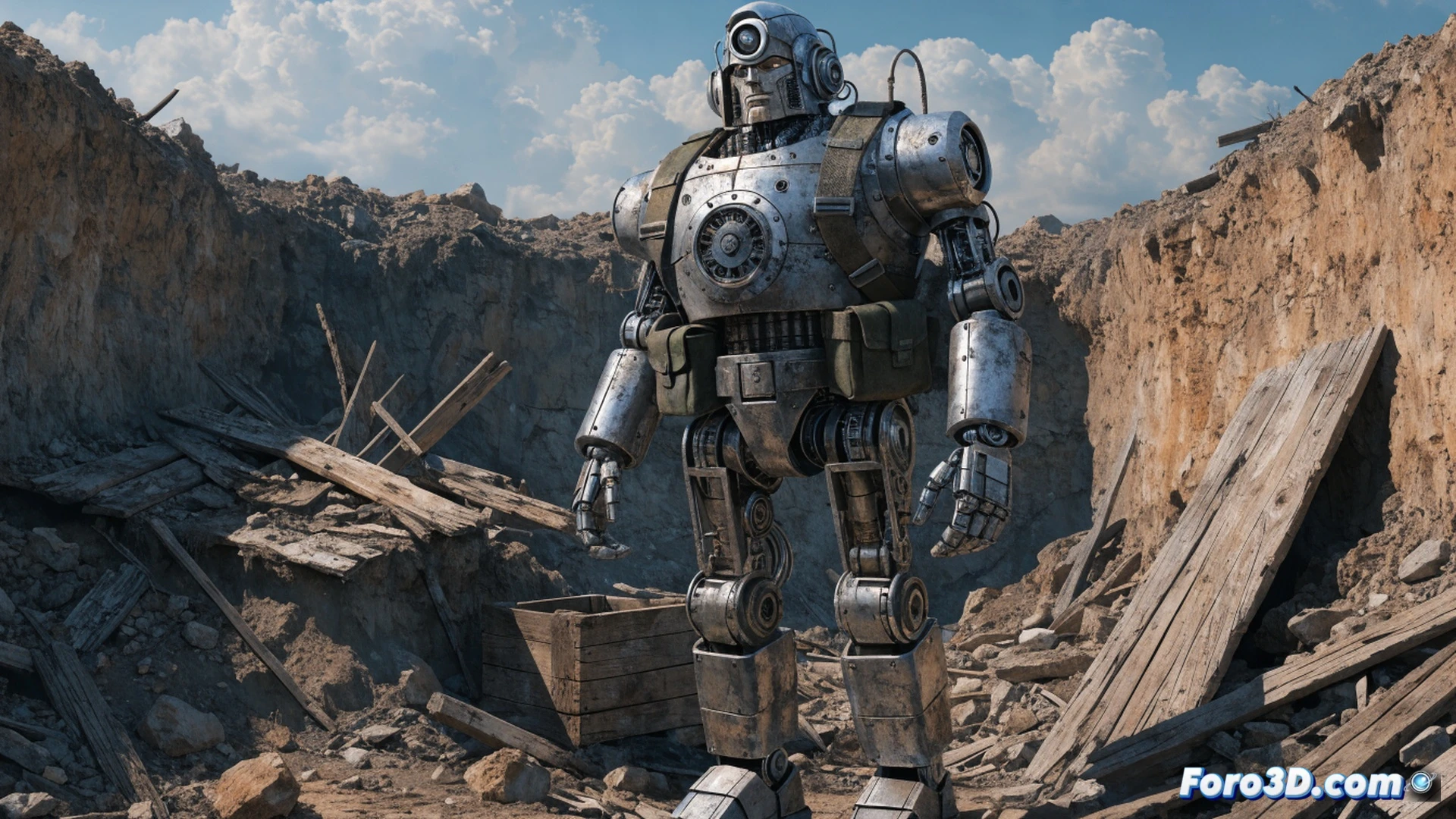 rusty military robot tank-torso with articulated arms trudging through muddy WW2 battlefield trench, mechanical gears exposed inside shattered chest panel, mud-caked treads gripping wet soil, one arm gripping a rusted M1 Garand rifle, other arm sparking with broken wires, rain-soaked metal surface showing bullet dents and peeling olive drab paint, abandoned artillery shells scattered in mud, dramatic low-angle cinematic shot, photorealistic technical illustration style, wet metallic reflections, gritty war atmosphere, volumetric fog, ultra-detailed rust and dirt textures, harsh shadow contrast from overcast sky