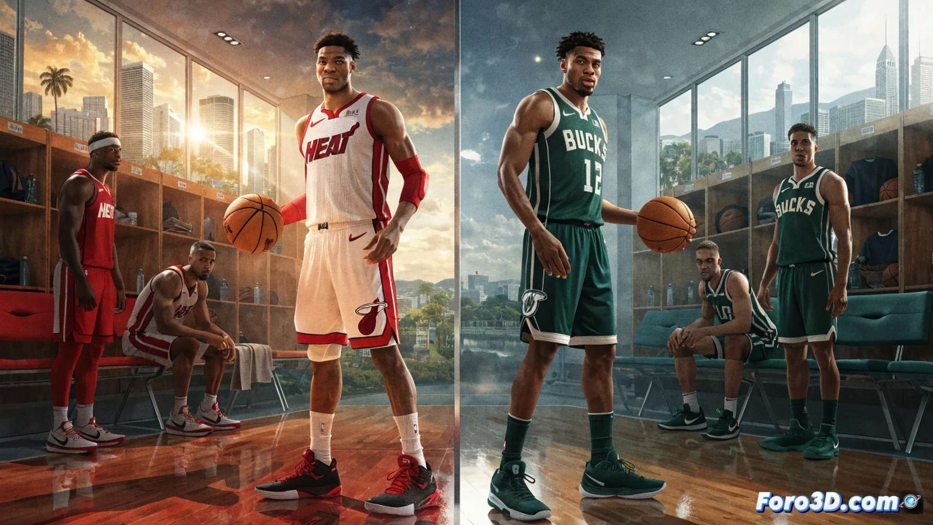 Giannis Antetokounmpo en uniforme de Miami Heat realizando un mate poderoso en un gimnasio moderno, sudor y tensión muscular visibles durante el salto, aros de luz LED azul y rojo iluminando la cancha, fondo con gradas vacías y pantallas táctiles de análisis de rendimiento mostrando datos biométricos en tiempo real, balón deformándose por la fuerza del impacto contra el aro, zapatillas con sensores de movimiento integrados, estilo cinematográfico hiperrealista, iluminación dramática con sombras marcadas, texturas detalladas de la red y el tablero acrílico, fotografía deportiva técnica de alta velocidad