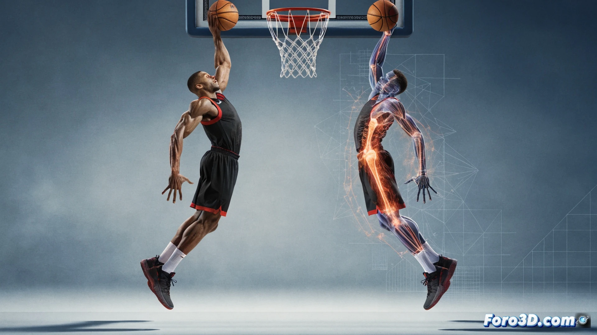 basketball player Giannis Antetokounmpo mid-stride during a euro-step layup, biomechanical analysis overlay showing extended arm span of 2.24 meters and abnormally long stride distance, motion capture markers on joints tracking angular velocity, court floor with physics grid lines measuring force vectors from each foot, muscles and tendons highlighted in translucent blue and red gradient under the skin, engineering visualization style, cinematic slow-motion effect, sweat particles frozen in air, dramatic arena lighting casting long shadows, photorealistic technical render, ultra-detailed anatomy and mechanical motion lines