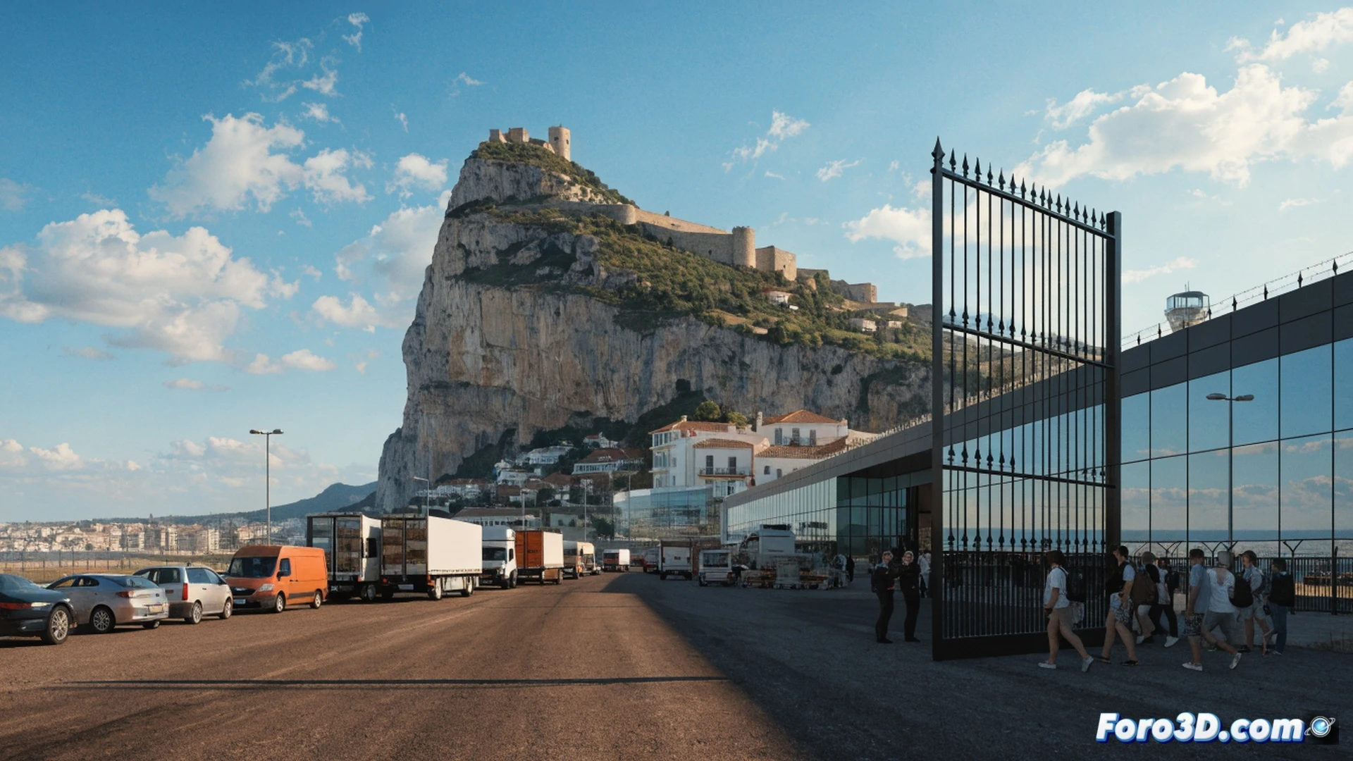 Gibraltar border gate opening ceremony, heavy metal gate sliding sideways into stone wall, Spanish and British officials shaking hands at the threshold, passport control booths being dismantled in background, concrete barriers removed, workers carrying away border checkpoint signage, bright Mediterranean sunlight casting long shadows, clear blue sky over the Rock of Gibraltar visible in distance, photorealistic architectural photography style, cinematic wide-angle shot, detailed stone textures and metallic reflections, historical landmark transition moment, ultra-realistic environmental lighting
