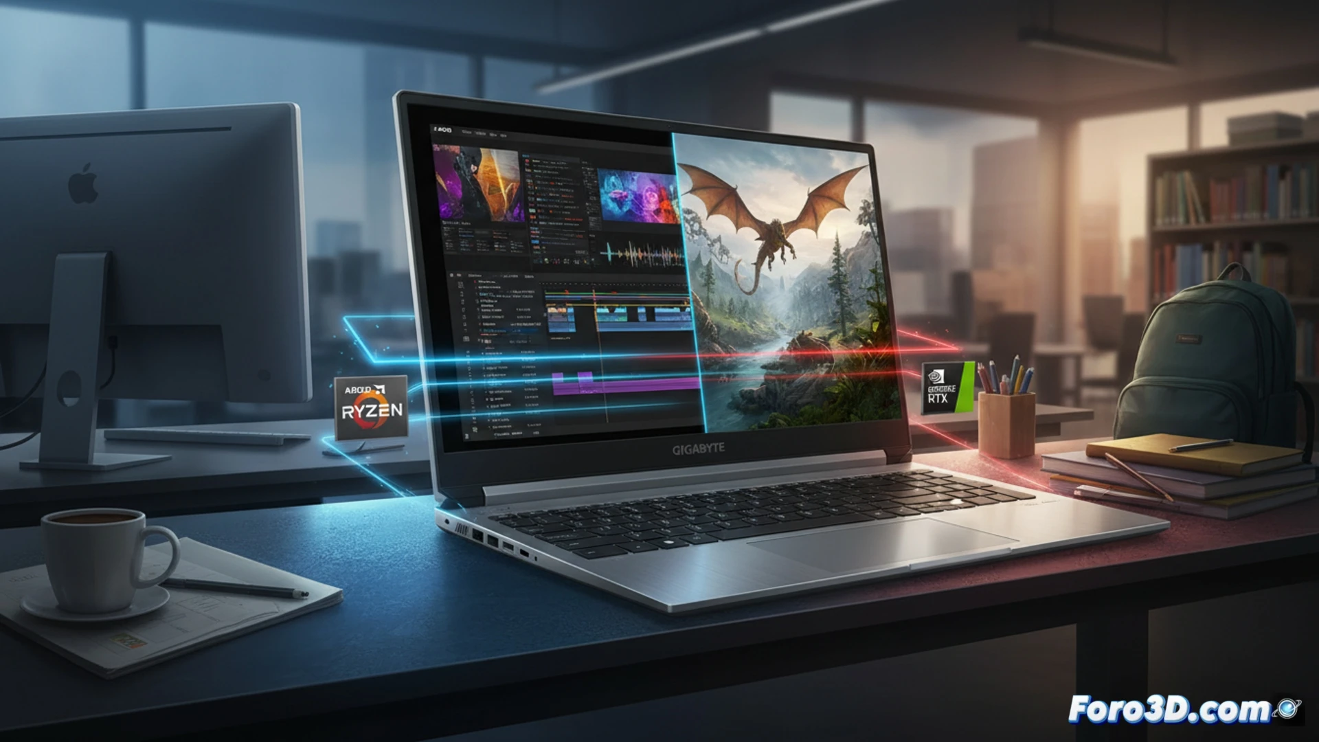 Ultra-thin GIGABYTE AERO X16 laptop floating in mid-air, lightweight carbon fiber chassis glowing with subtle silver reflections, AMD processor and NVIDIA GPU visible through a transparent back panel, student carrying the laptop in one hand while walking through a modern office hallway, another user editing a 4K video timeline with color grading tools on screen, third person gaming with intense graphics, all three scenes connected by motion trails showing seamless portability, cinematic technical illustration, photorealistic engineering visualization, dramatic side lighting highlighting thin profile, dust particles floating around the chassis to emphasize lightness, ultra-detailed cooling vents and ports, dynamic diagonal composition