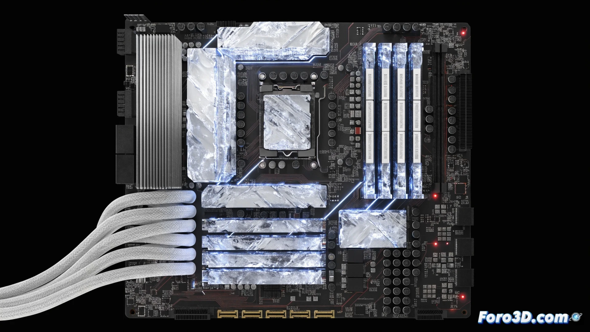 Photorealistic engineering visualization of a high-end Gigabyte X870E Aorus Master X3D Ice motherboard being installed in a custom PC build, showing a technician’s gloved hand inserting a Ryzen processor into the AM5 socket while RGB-lit DDR5 RAM modules and a liquid cooling block hover nearby, multiple USB4 ports and metallic heatsinks catching dramatic blue-white studio lighting, scattered thermal paste and screwdriver on an anti-static mat, ultra-detailed PCB traces and capacitor arrays visible, cinematic macro shot with shallow depth of field emphasizing premium build quality