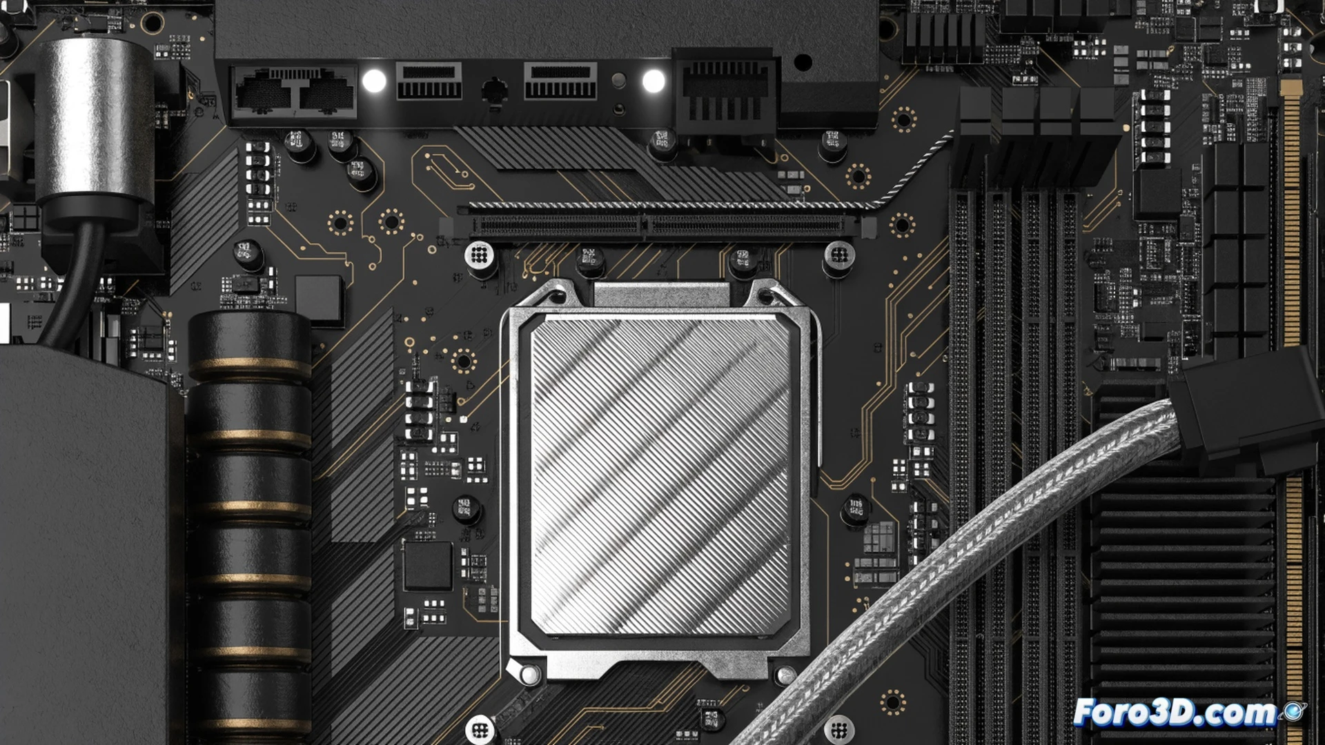 high-end motherboard installation scene, Intel Core Ultra processor being seated into Gigabyte Z890 Aorus Elite socket, Wi-Fi 7 antenna module glowing with data transfer visualization, RAM modules clicked into place, PCIe slot showing graphics card alignment, RGB lighting on chipset heatsink, thermal paste application process, cable management arms open, flat lay angle showing layered PCB traces and capacitors, cinematic technical illustration, photorealistic engineering visualization, cool blue and silver metallic tones, dramatic side lighting, macro detail on socket pins, motion blur on inserting action