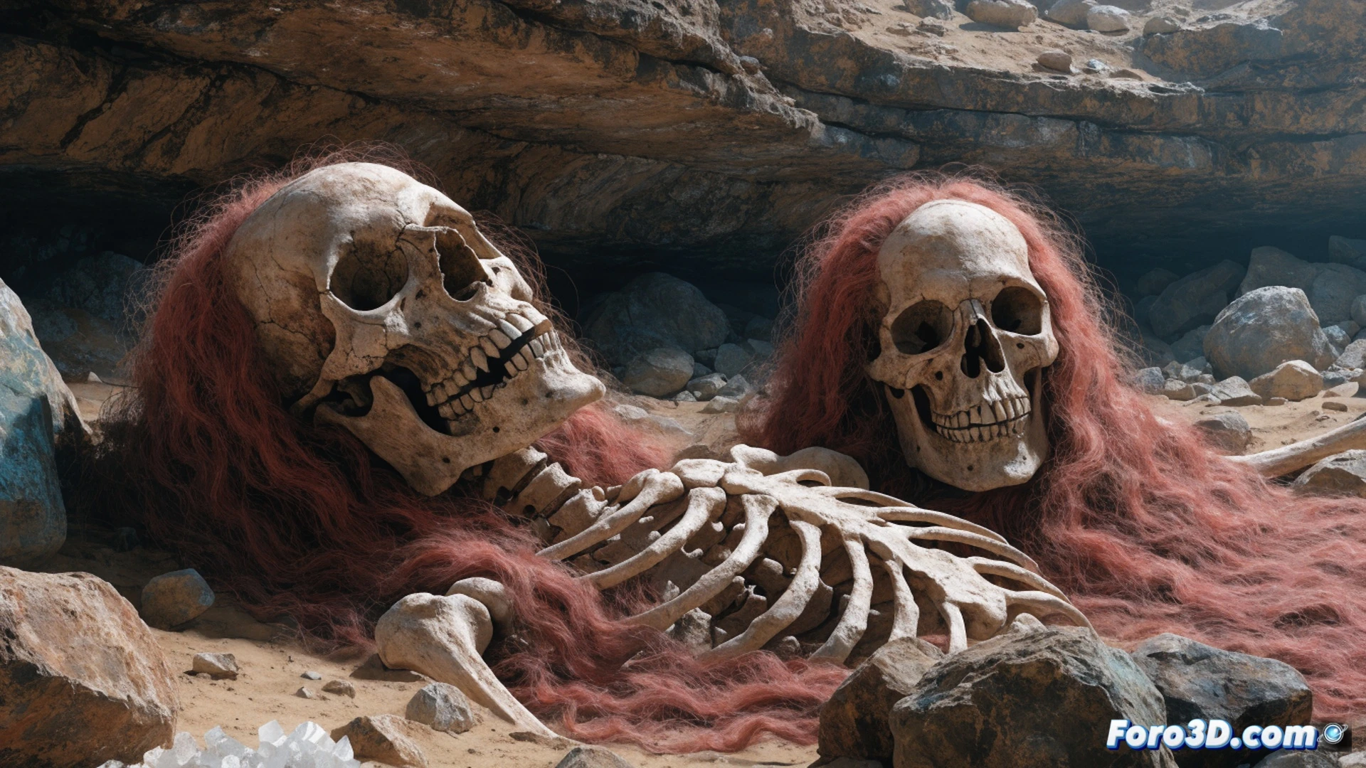 Excavación minera en cueva de Nevada, esqueletos humanos de 2,5 metros yacen semi-enterrados en sedimento, cráneos alargados y cabello rojizo visibles, herramientas arqueológicas de 1911 como picos y cepillos en acción alrededor de los huesos, mineros con lámparas de carburo iluminan la escena, polvo suspendido en el aire, paredes de roca rugosa, estilo cinematográfico fotorrealista, iluminación dramática con sombras profundas, texturas detalladas de hueso y tierra, composición de descubrimiento histórico