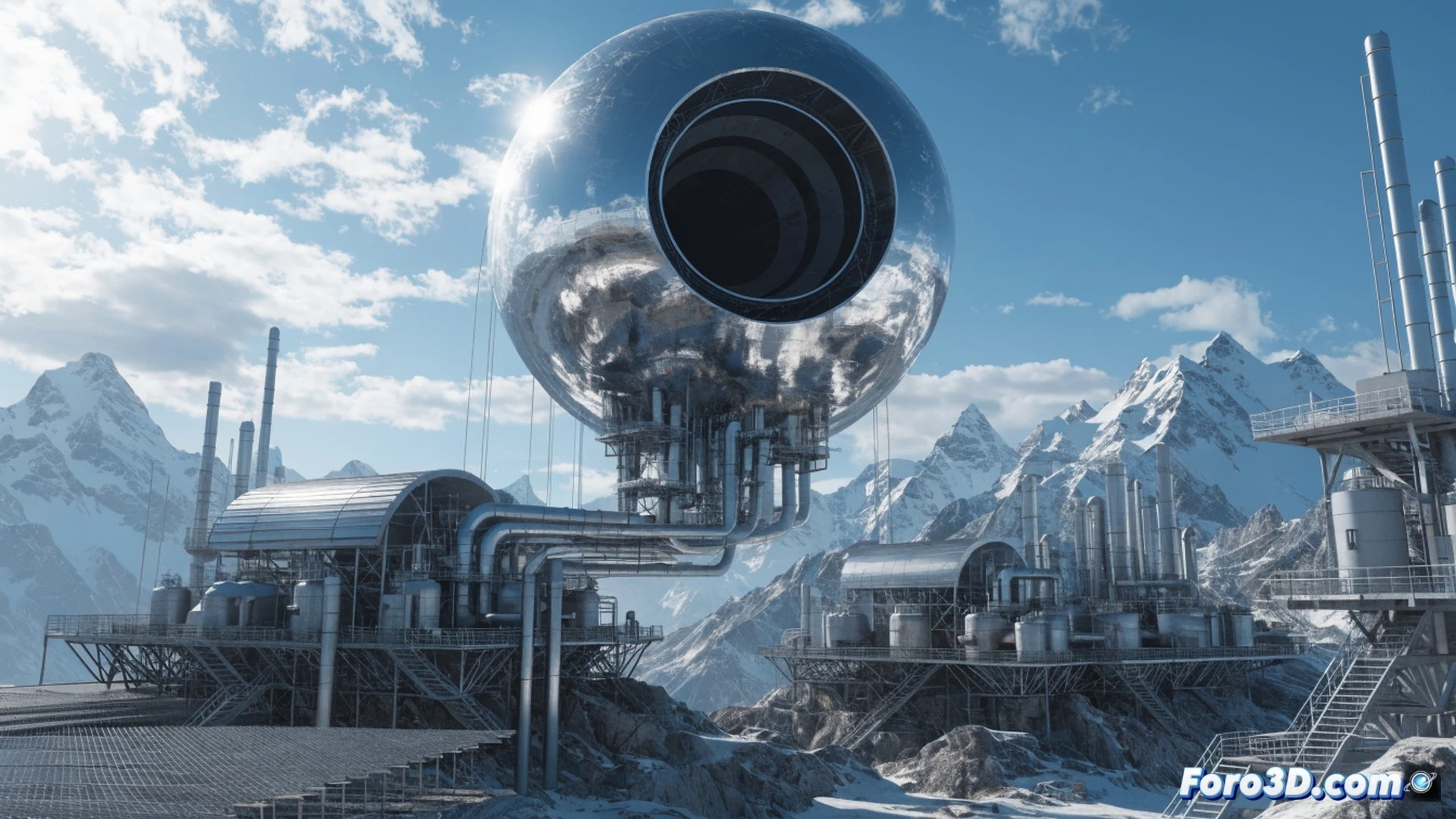 Massive industrial carbon capture facility at sunrise, giant fans drawing air into metallic filtration towers, crushed basalt rocks flowing through conveyor belts into grinding machines, pipelines connecting to underground storage tanks, glowing digital network lines overlaying the scene showing real-time carbon flow data, workers in protective gear monitoring holographic screens, photorealistic engineering visualization, dramatic golden hour lighting, metallic surfaces reflecting sunlight, steam rising from chemical processing units, hyper-detailed mechanical components, cinematic wide-angle perspective