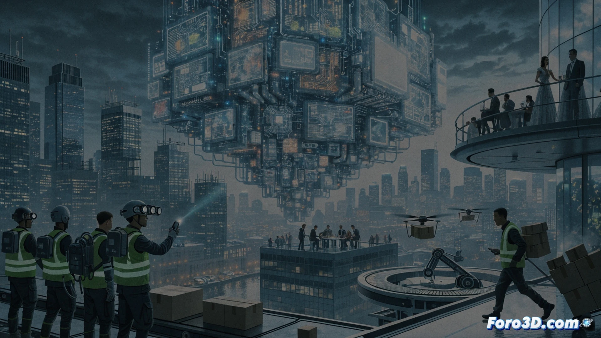 technological dystopia gig economy scene, a weary delivery worker in worn clothes staring at a glowing smartphone screen showing a countdown timer and a declining pay rate, the worker holding a thermal delivery bag with steam rising from it, standing on a rain-slicked futuristic street with neon billboards advertising instant credit and luxury goods, a sleek autonomous drone flying overhead carrying a package, while in the background a gated skyscraper with holographic windows contrasts with a long line of people waiting at a digital kiosk, cinematic photorealistic illustration, dramatic low-angle shot, high contrast lighting, wet asphalt reflections, blue and orange neon glow, ultra-detailed textures, gritty urban atmosphere, technical precision in phone UI elements and drone mechanics