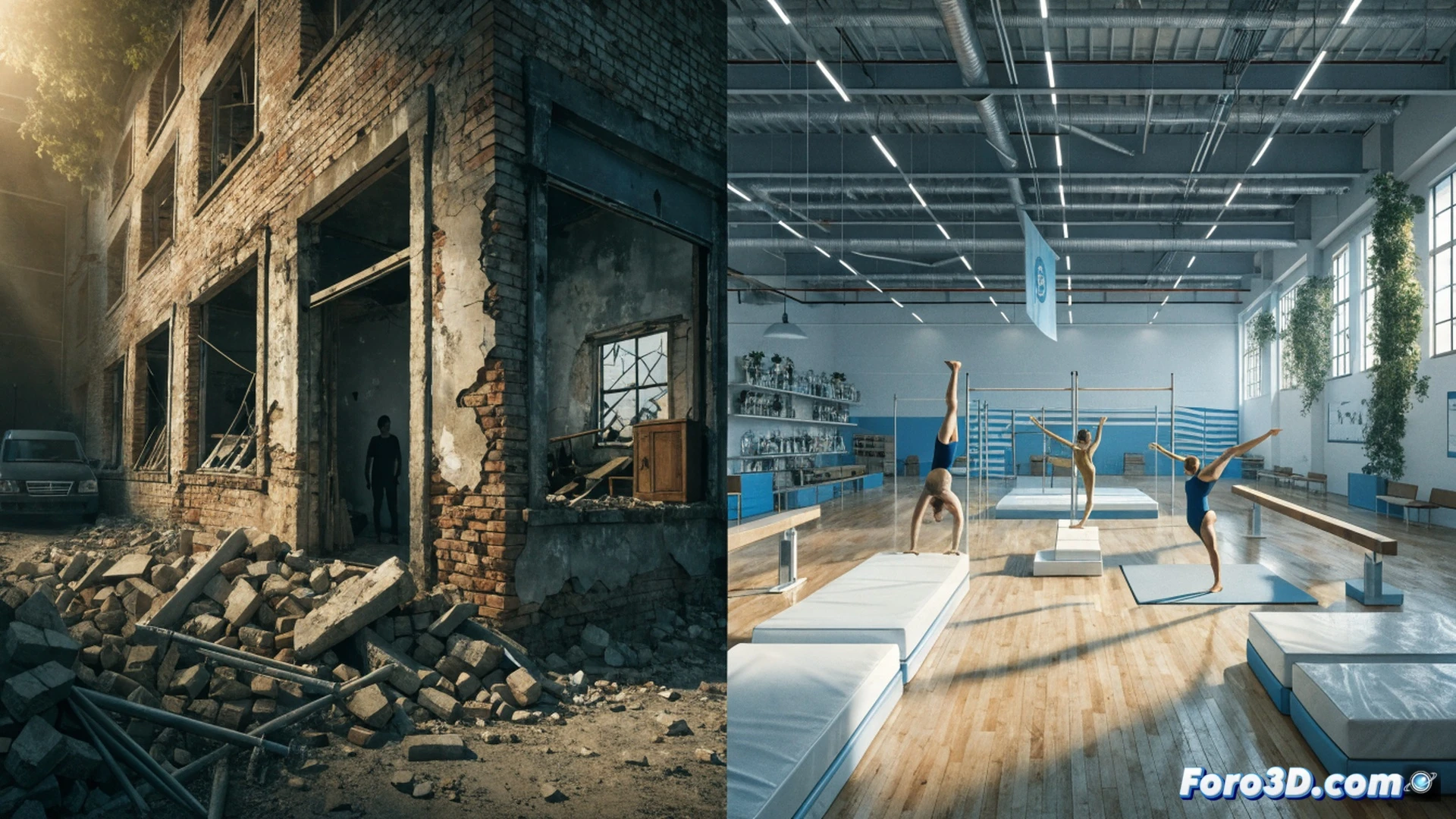 gymnasts in white leotards executing synchronized aerial leaps inside a bright industrial nave, polished wooden floor reflecting overhead LED lights, newly installed balance beams and mats arranged in parallel rows, exposed steel beams and ventilation ducts above, a coach adjusting a springboard mechanism while athletes practice, photorealistic technical illustration, clean geometric lines, warm sunlight streaming through high windows, dust particles illuminated mid-air, athletic motion captured mid-flight, dramatic depth of field, realistic fabric folds and muscle tension, studio lighting from multiple angles