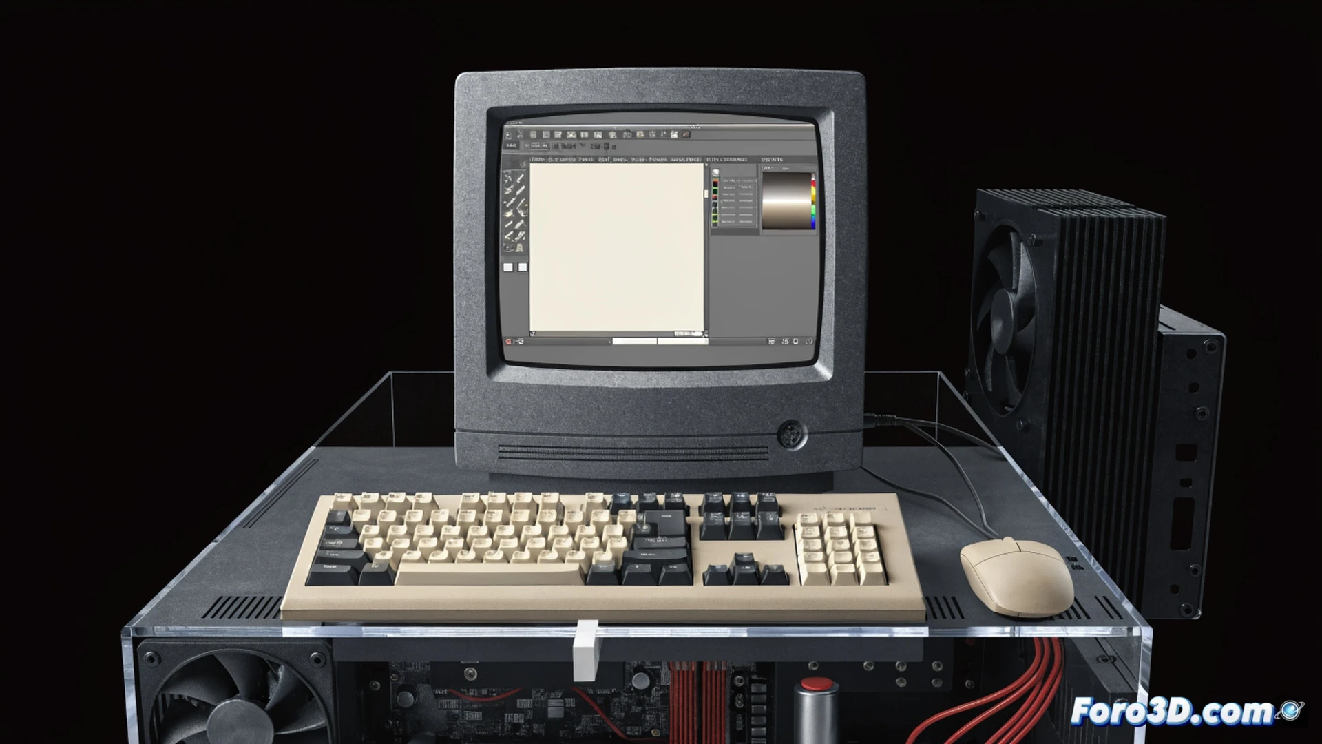 vintage computer monitor from 1996 displaying GIMP 0.54 interface with Motif window decorations, a modern laptop connected via USB running Flatpak installation process, glowing terminal window showing package download progress, retro software tools floating in mid-air while old-school file dialog boxes overlap, cinematic technical illustration, warm CRT glow contrasting with cool modern LED screen light, dust particles in beam of light, nostalgic computing atmosphere, photorealistic render with historical accuracy