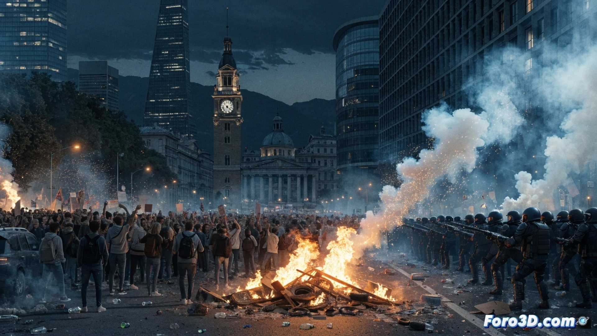 massive protest crowd in Geneva street, 20,000 people holding signs and banners, activists throwing objects toward police line, officers in riot gear deploying tear gas canisters, smoke clouds spreading across cobblestone square, ecologists and feminists in front rows, dramatic confrontation during G7 summit, cinematic photorealistic style, wide-angle lens capturing chaos and tension, evening golden hour lighting, reflections in wet pavement, ultra-detailed faces and expressions, motion blur in running figures, realistic smoke dispersion, urban architecture framing scene