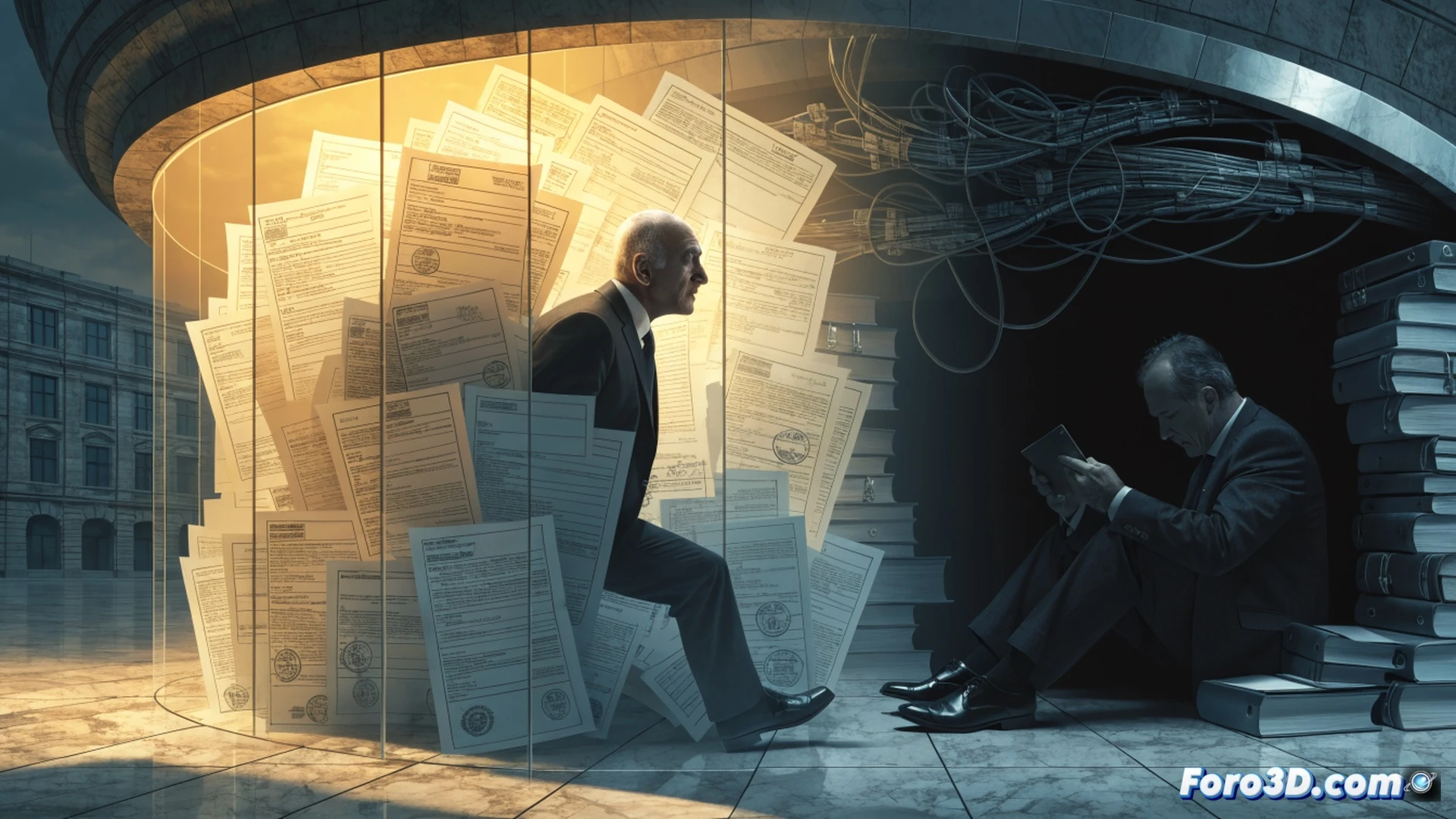 Realistic technical illustration, political corruption scene inside a municipal office, a transparent glass document box labeled with official seals being opened while a hidden surveillance camera records the action, a mayor figure handing an envelope to a contractor under a desk, computer screens showing hidden meeting logs and deleted files recovery process, broken internal audit software interface glowing red on a monitor, shattered trust symbols like cracked glass panels, dark cinematic lighting, photorealistic engineering visualization, dramatic shadows highlighting hypocrisy, ultra-detailed textures of wood desk and metal cabinet