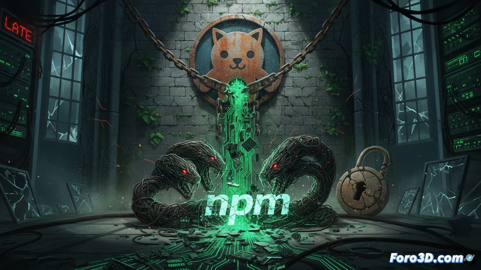 npm package installation process, terminal window showing malicious code execution during dependency install, red alert warning symbol appearing over package.json file, broken chain link icon representing supply chain attack, command line interface with scrolling error messages, dark mode code editor background, glowing malware particles spreading from npm package to server infrastructure, cinematic technical illustration style, dramatic red and blue lighting contrast, photorealistic render of digital security breach, motion blur on cascading code lines, highlighted exploit path with neon warning lines, ultra-detailed keyboard and monitor reflection, engineering visualization of software compromise