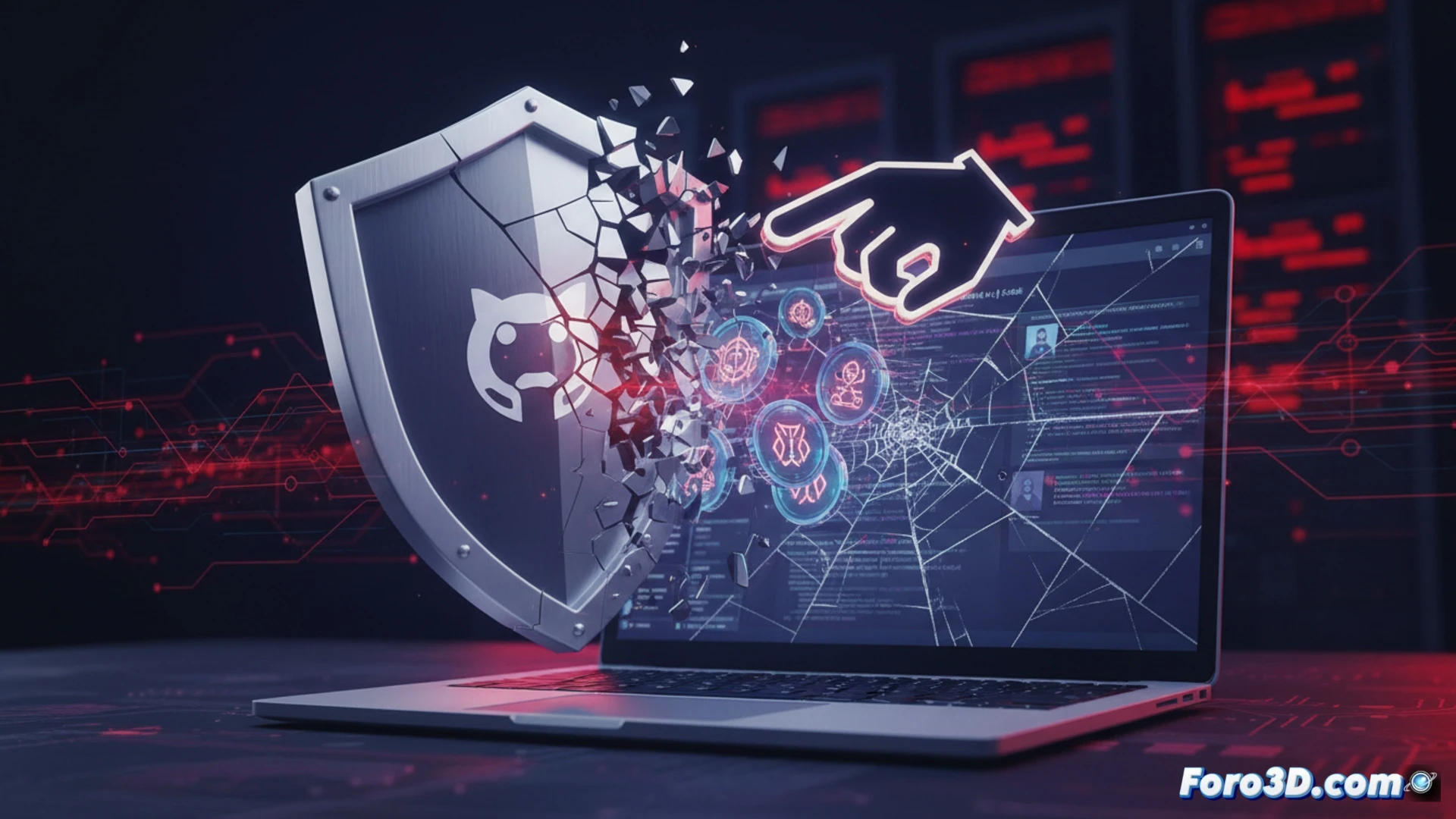 Photorealistic technical illustration of a GitHub login interface showing a single mouse click triggering a cascade of glowing OAuth tokens being siphoned from developer accounts, while downstream applications and services display warning icons, cinematic dark mode UI with red alert highlights, data streams flowing from code repositories into a hidden attacker network, metallic server racks in background with fiber optic cables pulsing red, ultra-detailed screen elements with security vulnerability indicators, dramatic cyber-security lighting, engineering visualization style