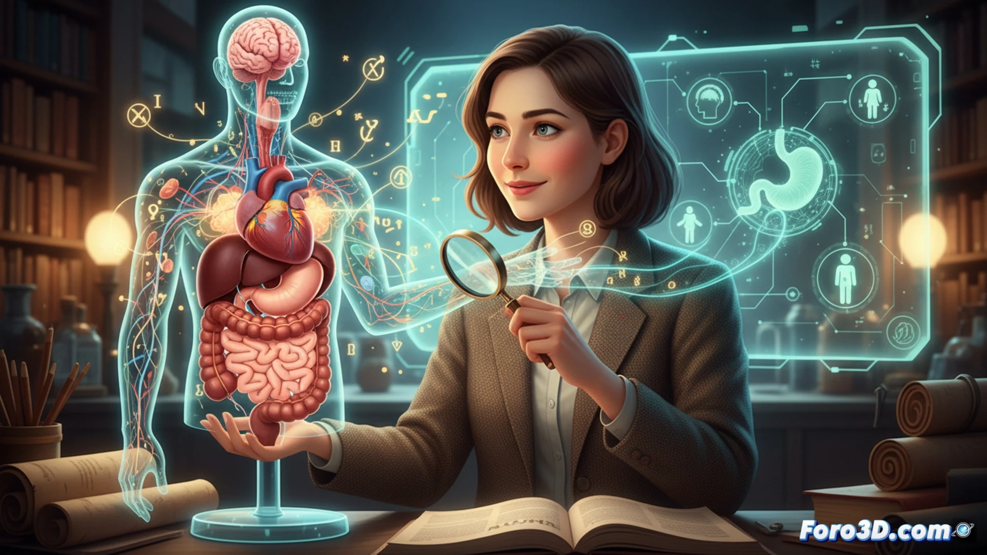 cross-section of human torso with glowing translucent organs, a female hand pointing at a liver while small speech bubble icons float from stomach and lungs, showing communication signals between organs and brain, soft bioluminescent light pulses through nerve pathways, photorealistic medical illustration, cinematic lighting, detailed anatomical textures, gentle blue and orange color contrast, technical anatomy visualization, educational diagram style, organs partially transparent with internal structures visible, realistic skin and tissue rendering, dramatic side lighting, ultra-detailed cellular patterns on organ surfaces