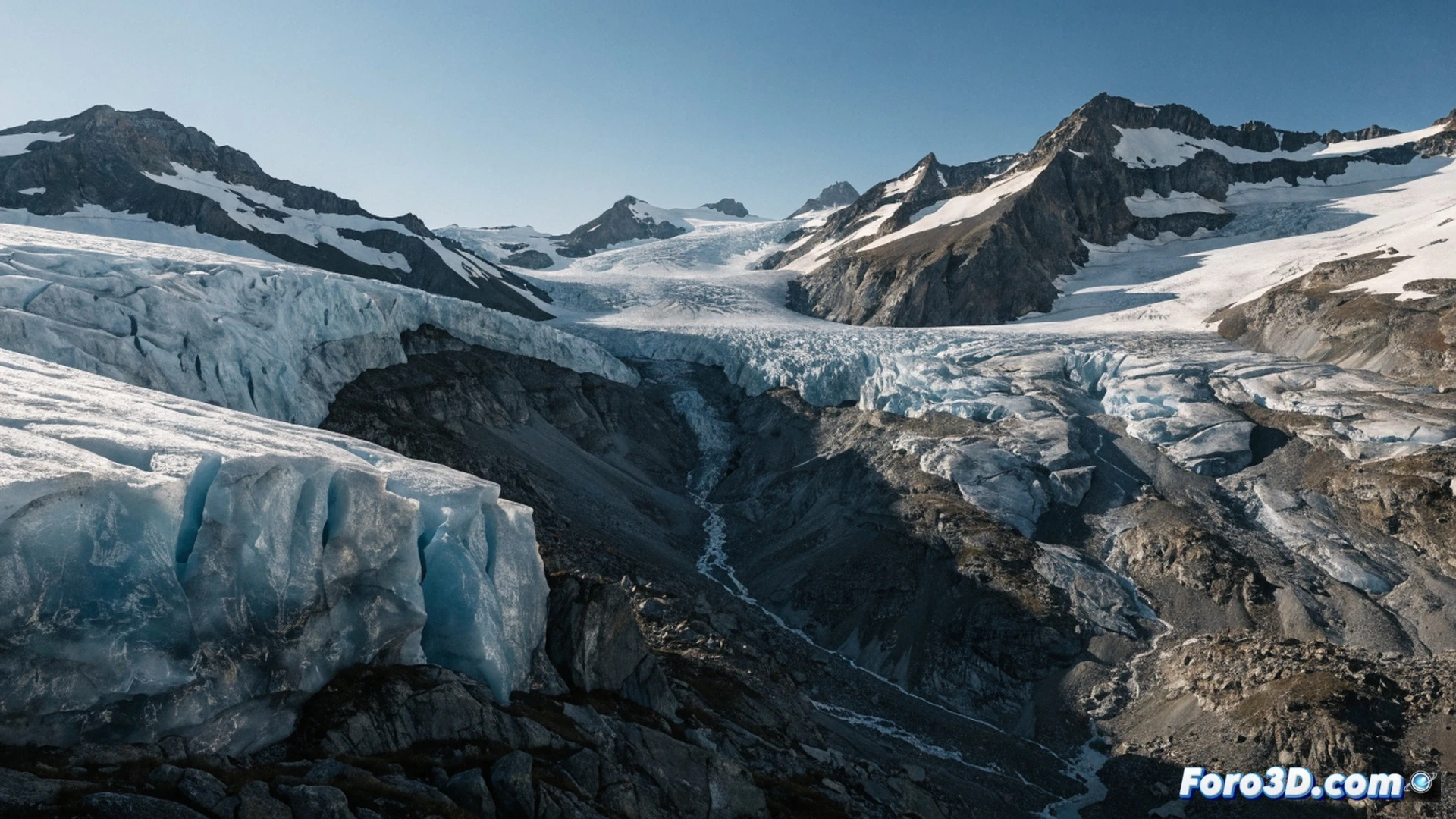 Swiss alpine glacier receding rapidly, exposed grey ice and rock where snowpack should be thick, a hydrologist in orange jacket using a ground-penetrating radar device on the bare surface, meltwater streams carving deep channels into the ice, distant mountain peaks with thin snow patches, dramatic noon sunlight casting harsh shadows on the crevasses, cinematic photorealistic visualization, ultra-detailed ice textures, technical environmental monitoring scene, demonstrating accelerated ablation process.