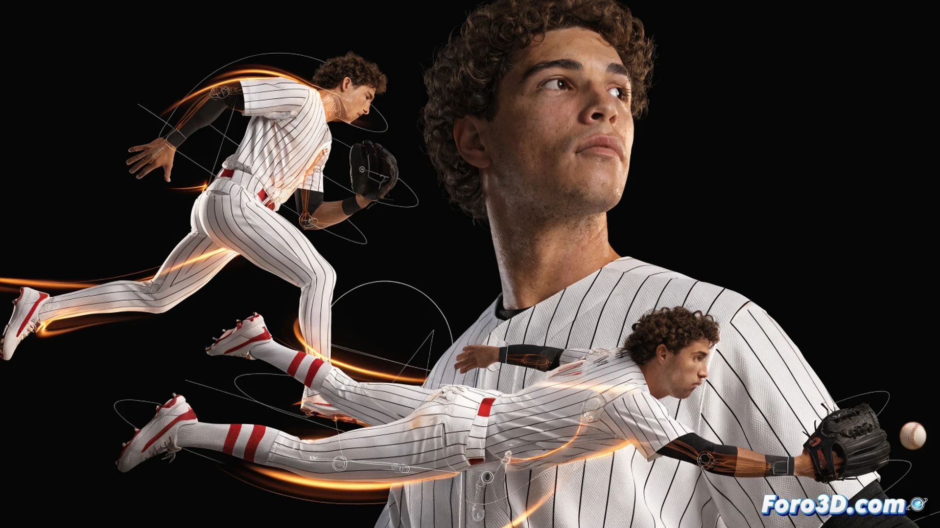 Glenn Phillips diving horizontally mid-air to catch a cricket ball, explosive lateral movement captured with motion lines and biomechanical joint angles overlaid, trajectory of the ball shown as a glowing arc from bat to glove, high-speed camera freeze-frame effect, cricket field blurred in background, dynamic athletic pose with fingers extended, technical 3D skeletal wireframe visible through skin, photorealistic cinematic render, dramatic stadium lighting, ultra-detailed muscle tension and fabric wrinkles