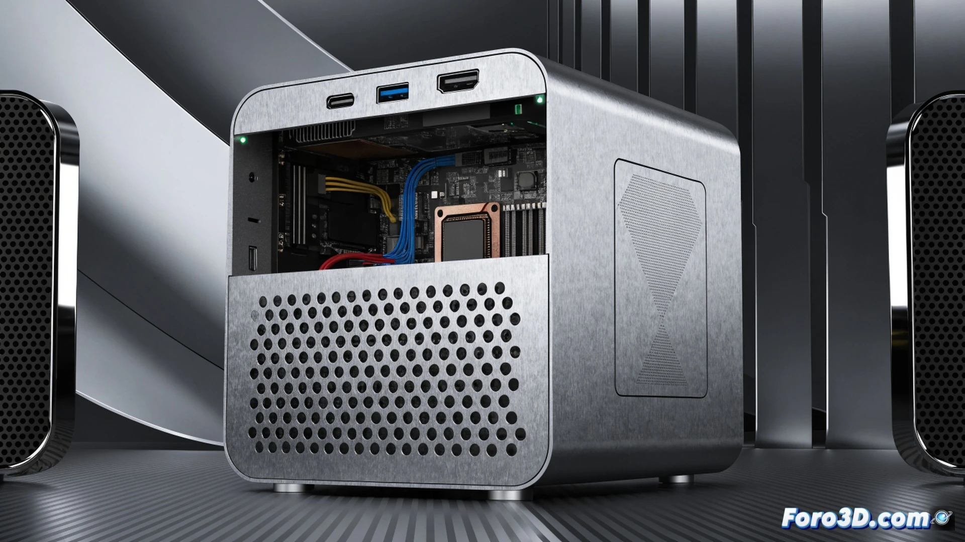 minimalist desk setup, GMKtec NucBox K16 mini PC being connected to a monitor and wireless keyboard, user plugging in a USB-C cable while a browser window shows loading video, compact device size compared to a coffee mug beside it, photorealistic technical illustration, warm indoor lighting, clean white desk surface, subtle reflections on the metallic chassis, cable management visible, realistic textures on plastic casing, shallow depth of field focusing on the connection process, cinematic product photography style