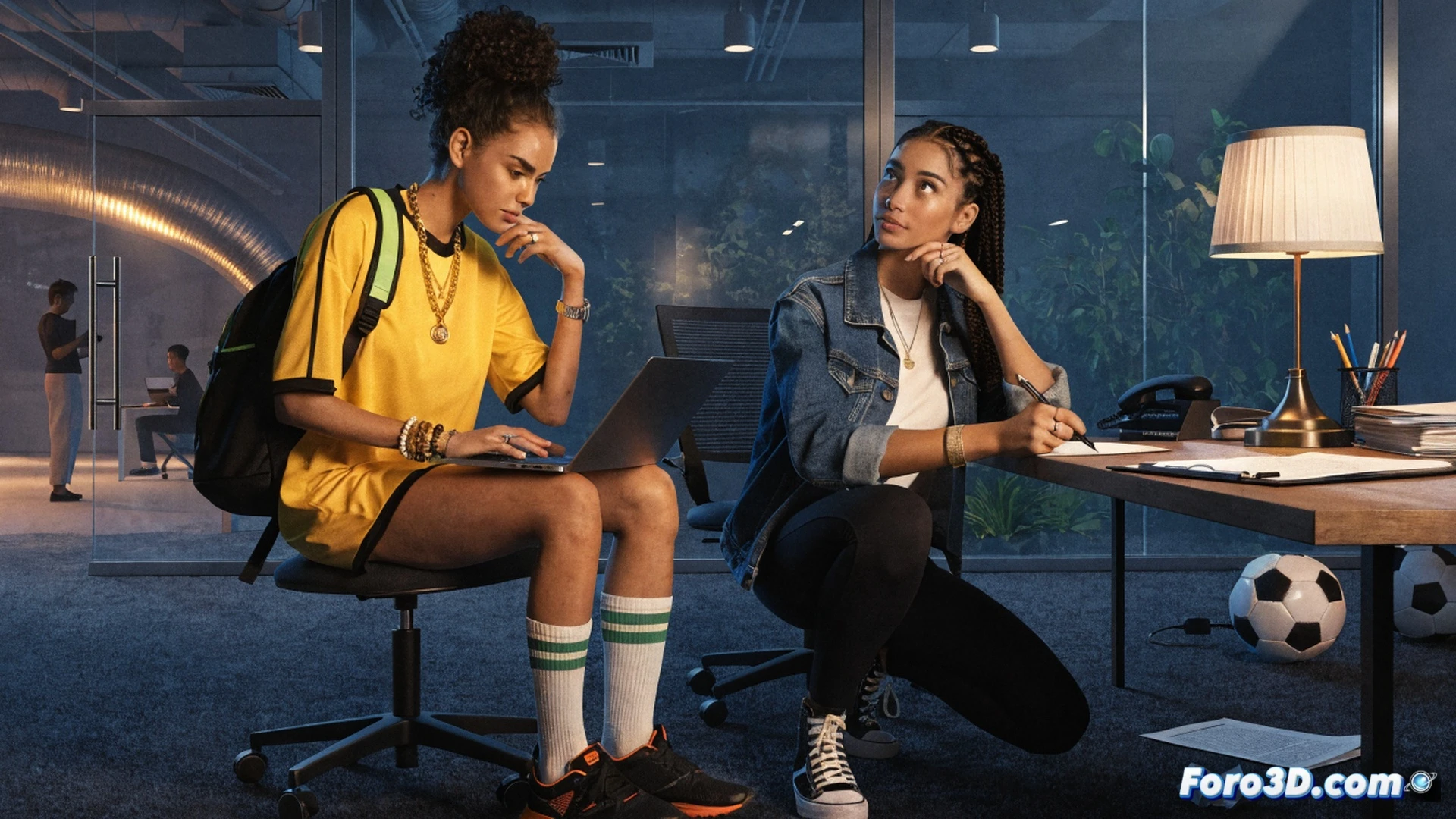 Jóvenes mujeres en un campo de fútbol urbano, una participante patea un balón hacia una pizarra blanca con un currículum vitae dibujado, mientras otra sostiene una tablet mostrando una simulación de entrevista laboral, entrenadora señalando diagramas tácticos en una pantalla digital, balones y portátiles dispersos en el césped sintético, dinámica de equipo en acción, luces de estadio iluminando la escena, estilo cinematográfico fotorrealista, textura de hierba artificial y sudor, movimiento congelado durante el pase, ambiente de apoyo y empoderamiento, render técnico deportivo.