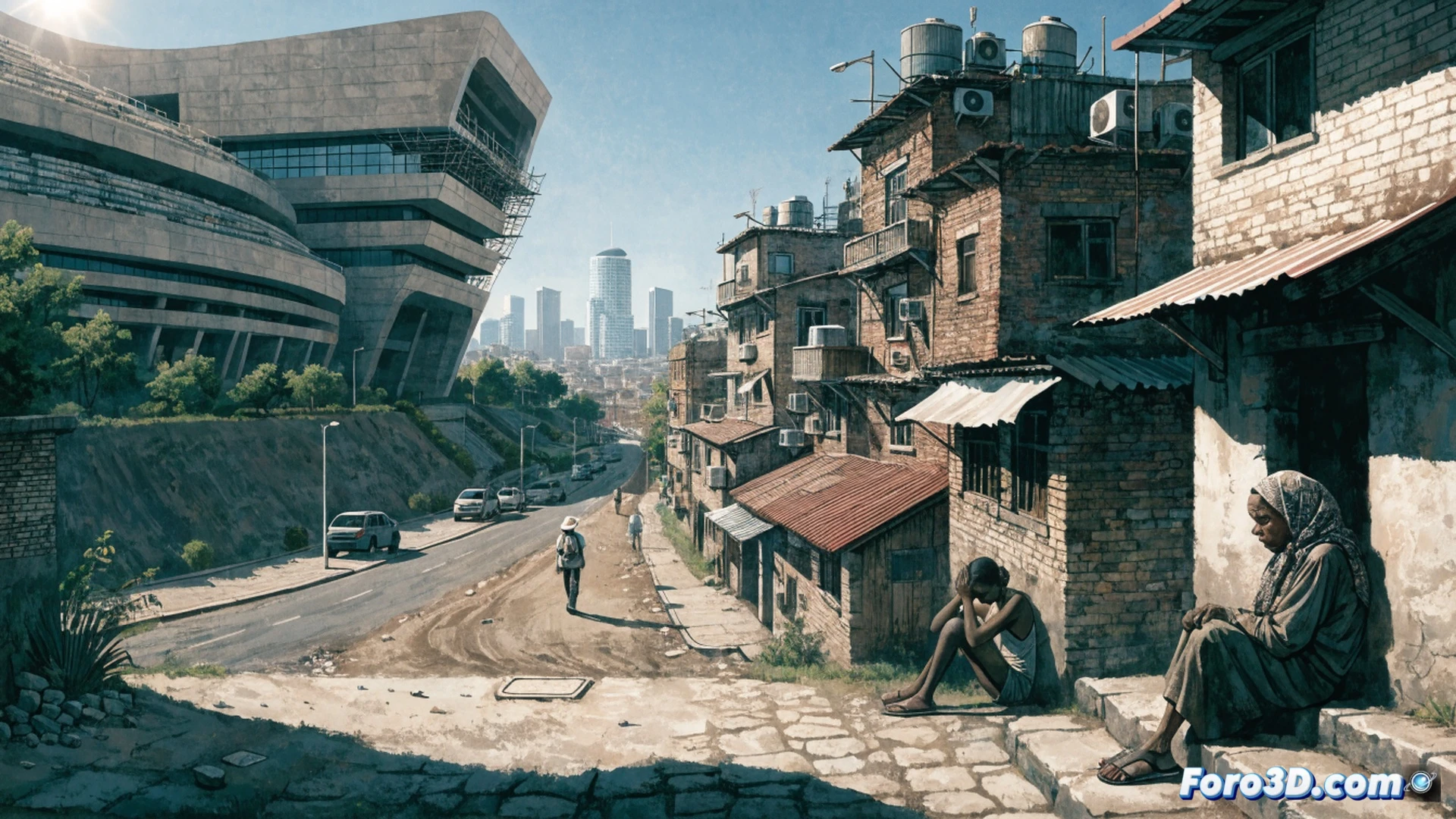 urban heat island aerial view, concrete skyscrapers radiating shimmering heat waves, elderly people collapsing on a melting asphalt sidewalk while a bulldozer pours fresh asphalt nearby, no shade structures visible, solar panels lying unused on a warehouse roof, hospital building with broken air conditioning units, government official in suit pointing at a graph showing rising GDP while ignoring a thermometer showing 50°C, cinematic photorealistic visualization, dramatic harsh sunlight, extreme heat distortion effects, realistic urban textures, technical infrastructure detail, warning atmosphere, ultra-detailed environmental contrast