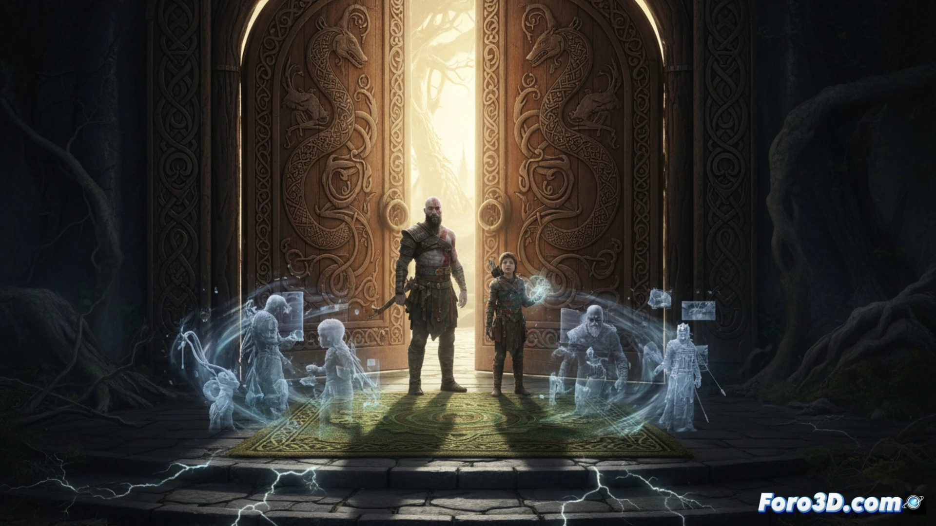 La entrada a un templo nórdico con runas brillantes. Una alfombra roja oculta pinchos; Kratos y Atreus observan desde la sombra.