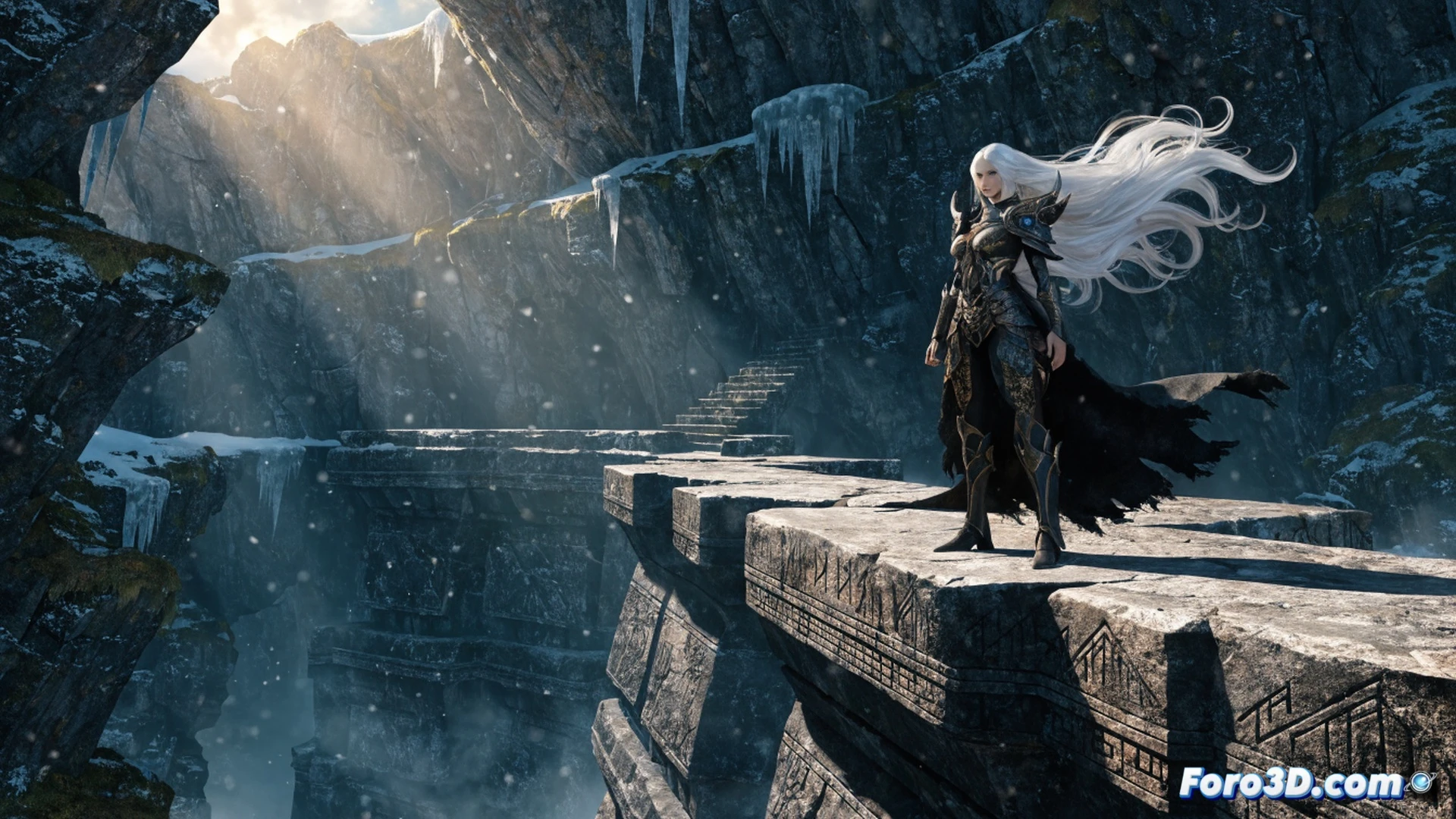 Nórdica guerrera Faye empuñando el hacha Leviatán en combate contra un draugr gigante, mientras runas brillan en su brazo y la nieve se levanta con cada golpe, demostrando el nuevo sistema de combate con mecánicas de hielo, durante una tormenta en un bosque de Midgard, estilo cinematográfico fotorrealista de videojuego AAA, iluminación dramática con destellos azules y naranjas, armadura de cuero y metal detallada, partículas de nieve y chispas de impacto congelándose en el aire, texturas hiperrealistas en rocas y troncos cubiertos de escarcha, cámara en acción lenta capturando la fuerza del golpe