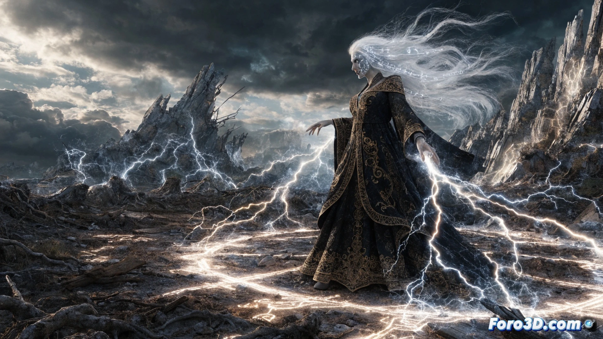 Kratos lanzando un ataque rúnico de Laufey, runas nórdicas brillantes flotando en espiral alrededor de su brazo, partículas de magia azul y blanca deformando el suelo de piedra bajo sus pies, grietas luminescentes expandiéndose con tessellation avanzada, fragmentos de roca levantándose por ondas de choque, demostrando simulación de partículas y deformación del terreno, estilo photorealistic cinematic, iluminación dramática de combate, texturas detalladas de roca y madera, fondo de bosque nórdico oscuro, niebla baja, sombras marcadas, alta fidelidad visual
