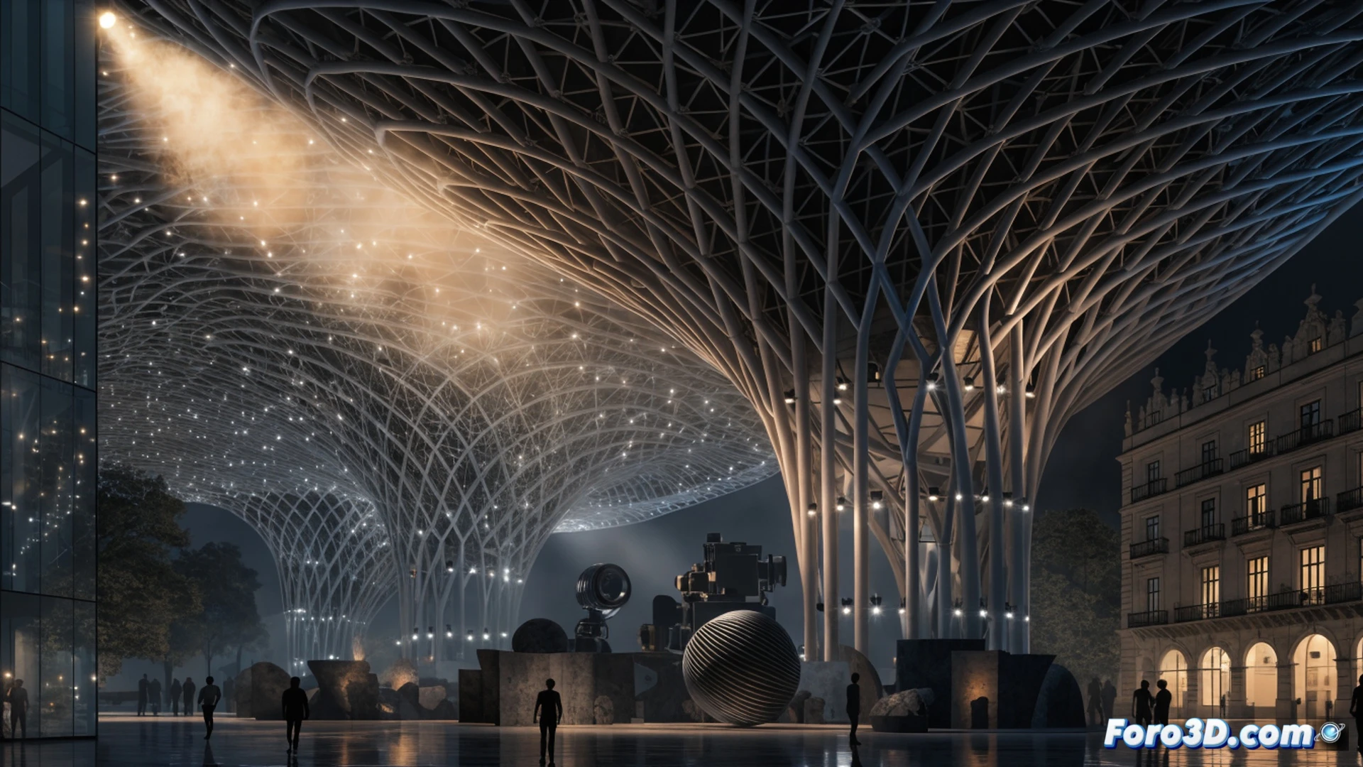 Photorealistic cinematic scene of a giant wooden mushroom structure rising above a sunlit Seville plaza, its parasol-like roof casting intricate shadows on cobblestones below. A vintage film projector rests on a small table beneath the canopy, its reels exposed, while a 35mm film strip unfurls across the ground, winding around metal stanchions. A lone figure in a beret adjusts a camera tripod near the projector, focusing a lens toward the mushroom’s curved surface. Warm golden hour light filters through the slatted wood, creating dappled patterns on the film strip. Cinematic engineering visualization, dramatic chiaroscuro lighting, ultra-detailed wood grain and metallic components, photorealistic architectural render.