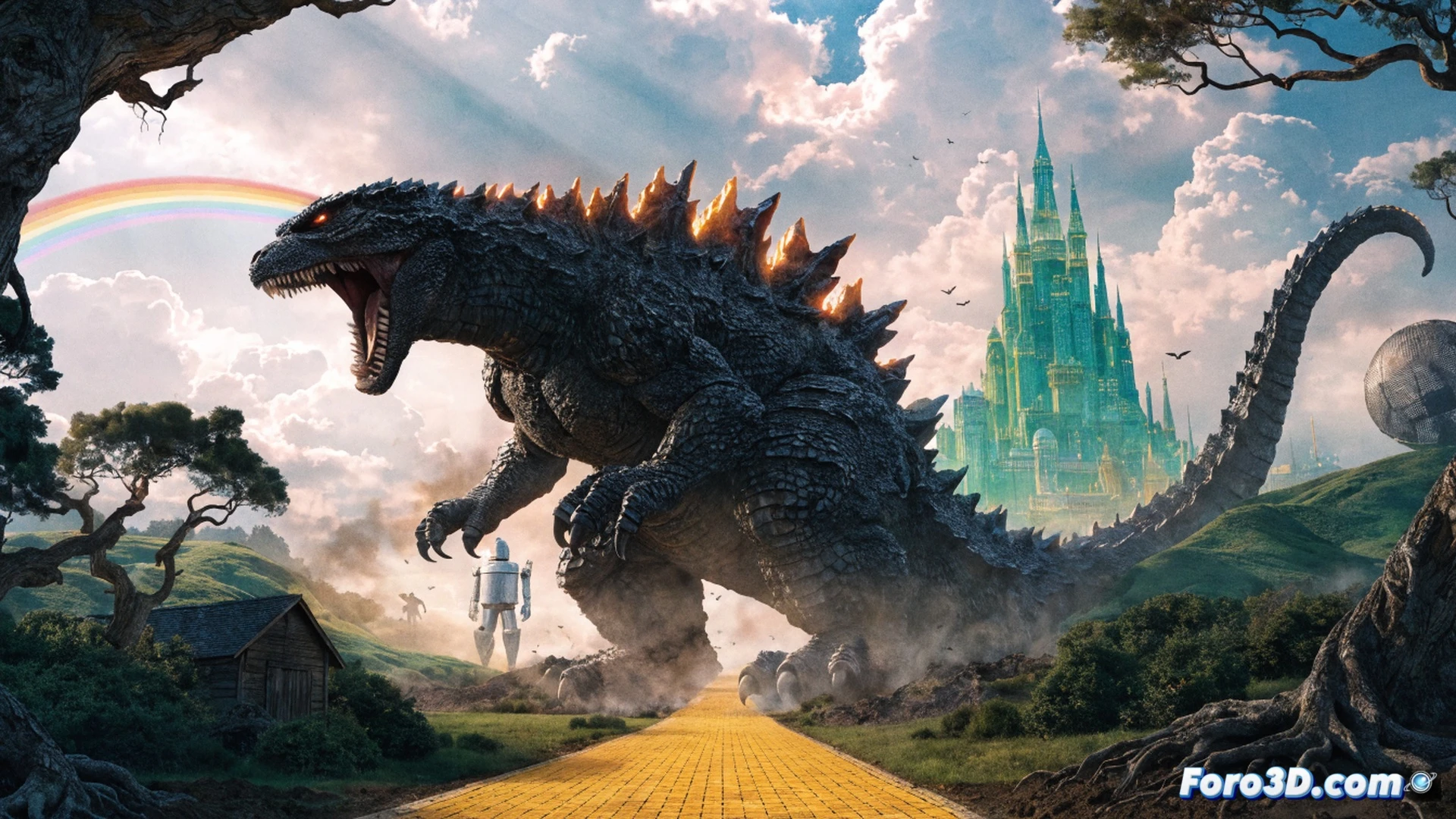 Godzilla standing in a green crystal field, atomic breath colliding with a towering mechanical Emerald City wall, Scarecrow and Tin Man fleeing on a yellow brick road, glowing energy crackling across the sky, cinematic fantasy monster destruction scene, dramatic storm clouds, emerald light reflections on metallic surfaces, photorealistic epic battle composition, high detail scales and city architecture, dynamic motion blur, intense atmospheric lighting.