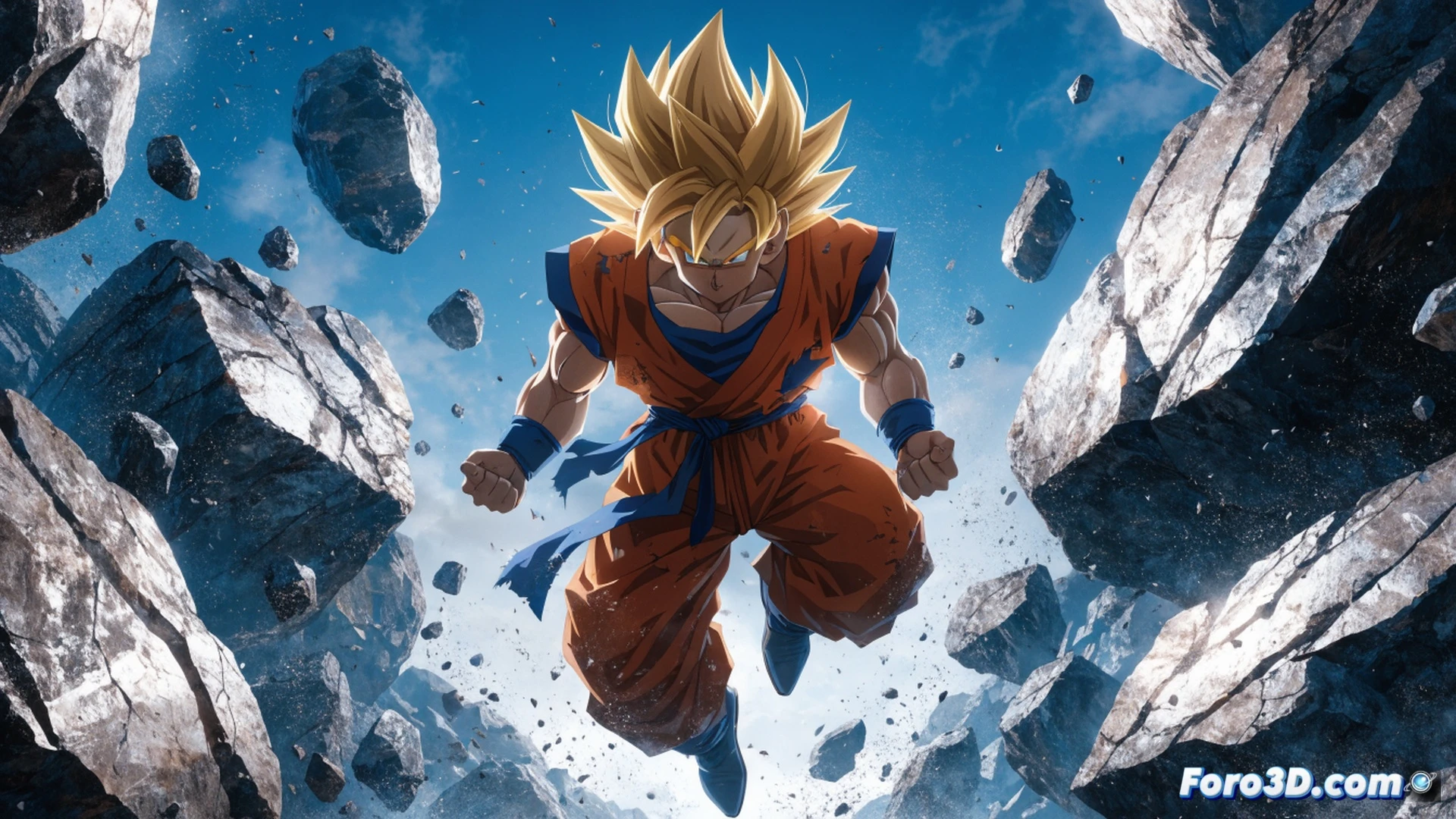 Goku en postura de esfuerzo extremo levantando una barra de 40 toneladas sobre su espalda, el suelo bajo sus pies agrietándose y deformándose bajo presión gravitacional masiva, ondas de choque visibles en el aire distorsionando la luz circundante, fondo de un dojo espacial con paneles de control rotos y escombros flotando, estilo cinematic photorealistic, iluminación dramática con destellos dorados alrededor de su cuerpo, gotas de sudor congeladas en el aire mientras sus músculos y venas muestran tensión biomecánica, texturas metálicas y de piedra ultra detalladas, render técnico hiperrealista