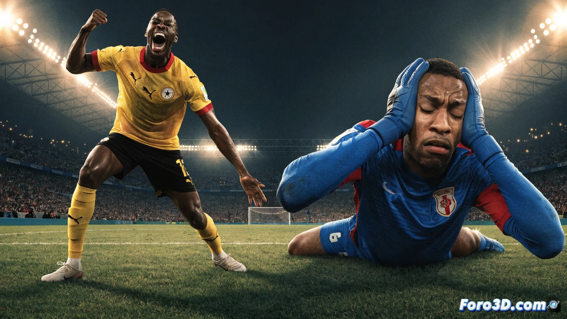 Panamanian goalkeeper diving desperately to his right, ball already crossing the goal line at 95th minute, Ghanaian striker celebrating with raised arms, stadium floodlights casting long shadows, grass turf with cleat marks, scoreboard showing 1-0 in corner, Panamanian defender sliding too late, net bulging from impact, cinematic sports photography style, dramatic tension, high contrast lighting, photorealistic match moment, ultra-detailed player expressions, motion blur on ball trajectory