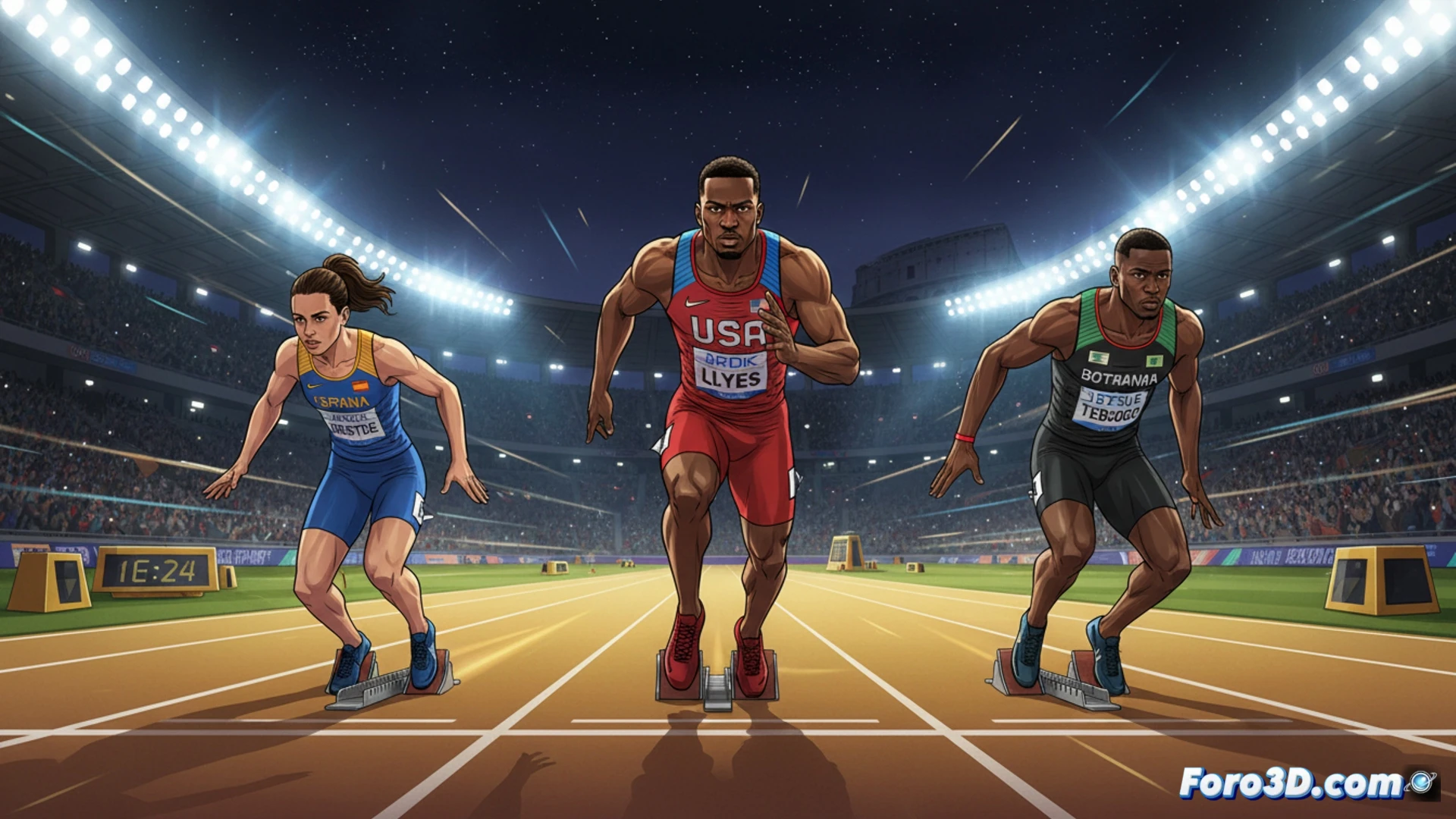 Una vibrante pista de atletismo en Roma, con Noah Lyles y Letsile Tebogo al frente, seguidos por los españoles Jaël y Llopis, bajo luces nocturnas.