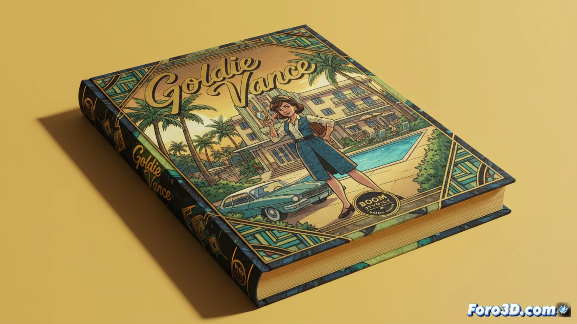young woman with bob haircut and vintage resort uniform holding a magnifying glass over a hotel keycard, while examining a torn map on a polished wooden desk, scattered retro walkie-talkie and flashlight nearby, sunlight streaming through venetian blinds casting striped shadows across scattered papers, mid-action detective work scene, cinematic lighting with warm golden tones and teal accents, 1960s Florida resort aesthetic, photorealistic illustration, detailed fabric textures and reflective metal surfaces, dynamic composition showing investigation process