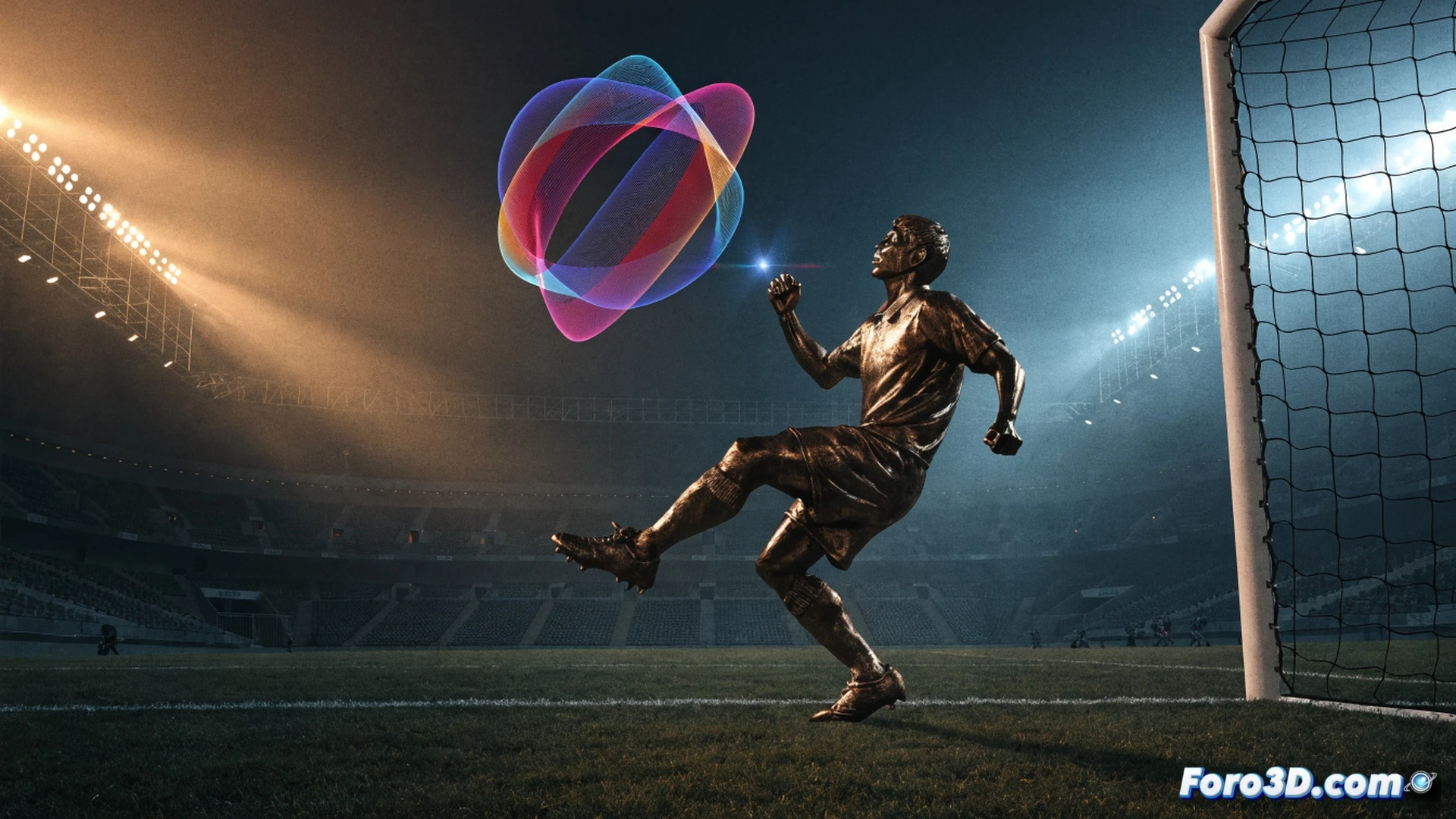 Stadium interior empty during live match, bronze Vietnamese striker hologram materializing in 3D as it heads an invisible ball toward goal, smartphone held by lone spectator showing augmented reality app interface with glowing goal celebration animation, technical illustration style, translucent holographic player overlapping real grass pitch, net rippling effect only visible through phone screen, stadium floodlights casting hard shadows, photorealistic render with digital overlay aesthetic, motion trails from holographic particles, cinematic composition focusing on the moment of impact