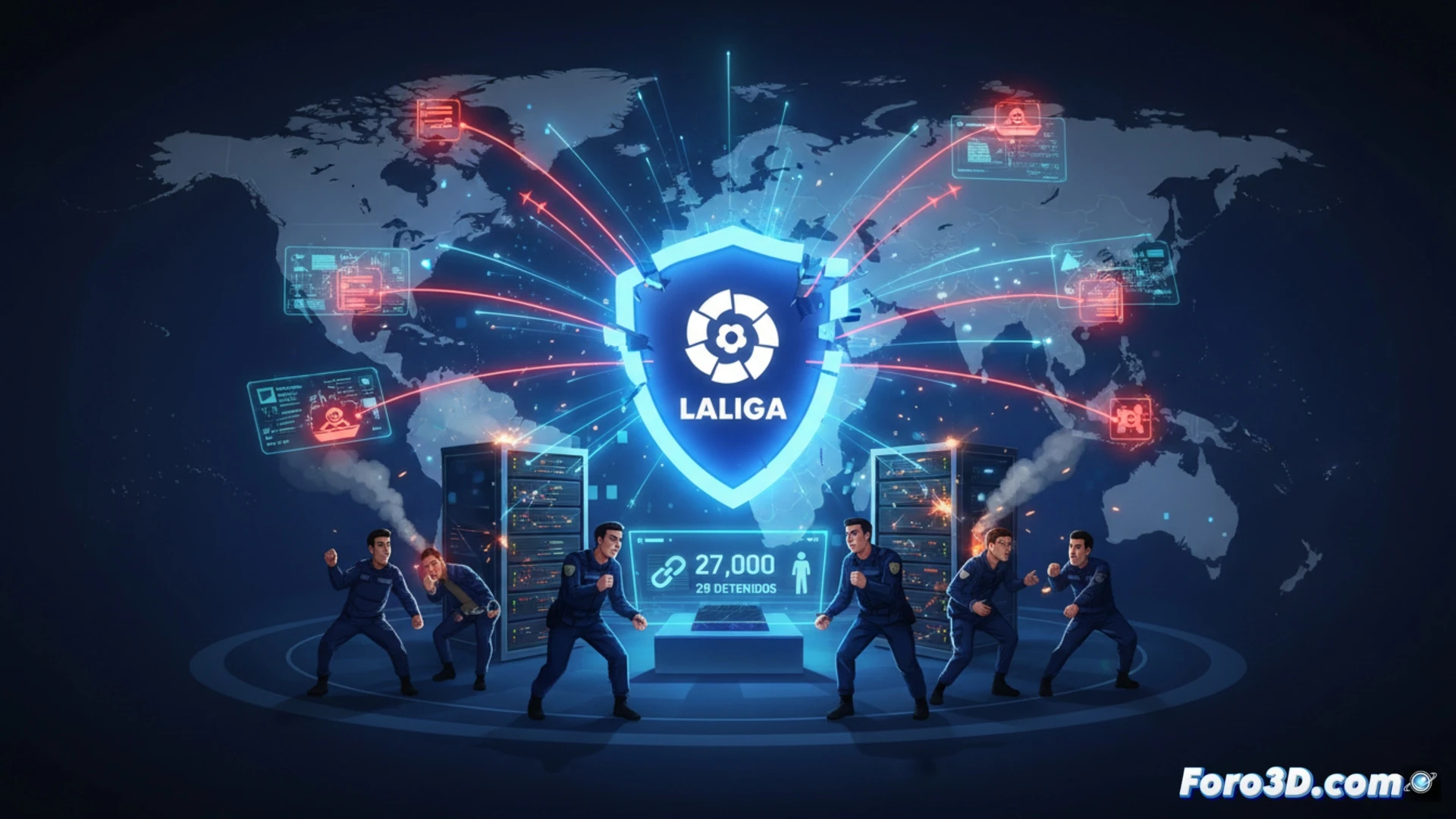 Operación policial internacional contra piratería, agentes de Europol inspeccionando servidores en rack durante redada nocturna, cables de red siendo desconectados mientras pantallas muestran flujo de datos ilegales, software de monitoreo de URLs en monitores, discos duros siendo incautados, luces rojas y azules de patrullas iluminando el centro de datos, estilo cinematográfico fotorrealista, iluminación dramática, sombras duras, alta definición técnica, texturas metálicas de servidores, humo efecto de acción, composición dinámica