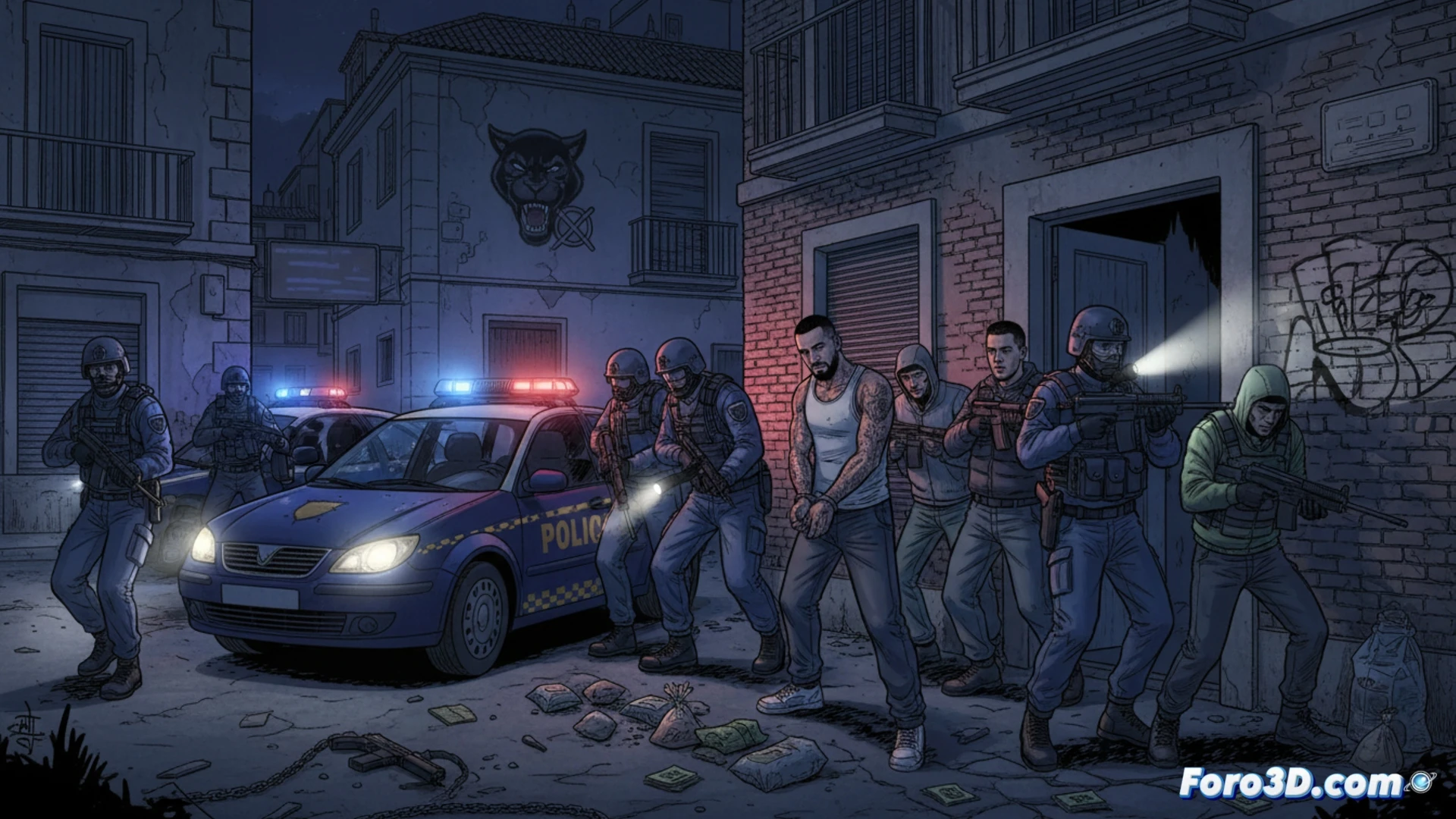 Urban street night scene in Zaragoza Delicias district, police tactical raid in progress, officers in bulletproof vests breaking down door to occupied apartment, visible drug packaging and handgun on table, rival gang graffiti tag partially painted over, two suspects being handcuffed while third attempts to flee through window, cinematic photorealistic style, dramatic blue-red police lights illuminating scene, rain-slicked asphalt reflecting emergency vehicles, tense action moment showing arrest process, ultra-detailed urban textures, gritty documentary aesthetic, low-angle shot capturing chaos and authority