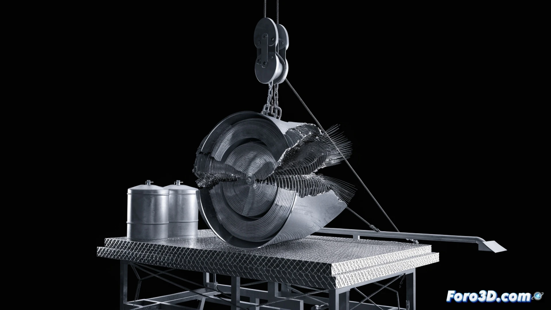 góndola limpiacristales industrial colapsando, tambor metálico agrietado por torsión, cable de acero desviado horizontalmente saliendo de su guía vertical, fuerzas laterales marcadas con vectores de tensión naranja, modelo 3D wireframe superpuesto mostrando deformación estructural, simulación dinámica con partículas de polvo y fragmentos metálicos volando, iluminación dramática de taller, estilo visual técnico fotorrealista con detalles de ingeniería, fondo oscuro con reflejos metálicos