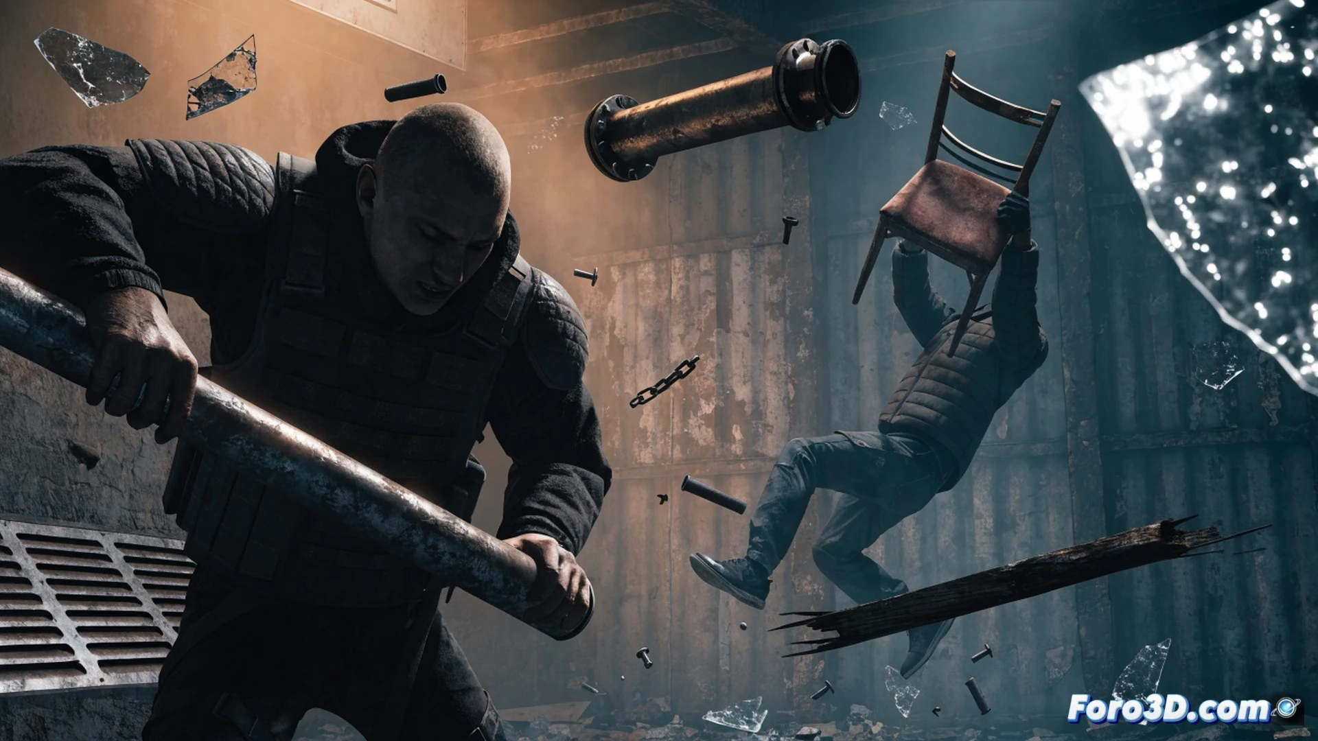 interior de un salón de juegos destruido en Unreal Engine 5, un personaje empuñando una tubería de metal oxidada mientras una silla de oficina rota vuela por el aire, escombros y fragmentos de madera suspendidos en plena acción de combate, sistema de física dinámica mostrando la deformación de un mueble al impactar contra una pared, iluminación volumétrica con rayos de luz atravesando el polvo, texturas photorealistic con desgaste y suciedad en cada superficie, cinematic action shot, ángulo contrapicado dramático, motion blur en los objetos en movimiento, demostración de caos interactivo y destrucción procedural