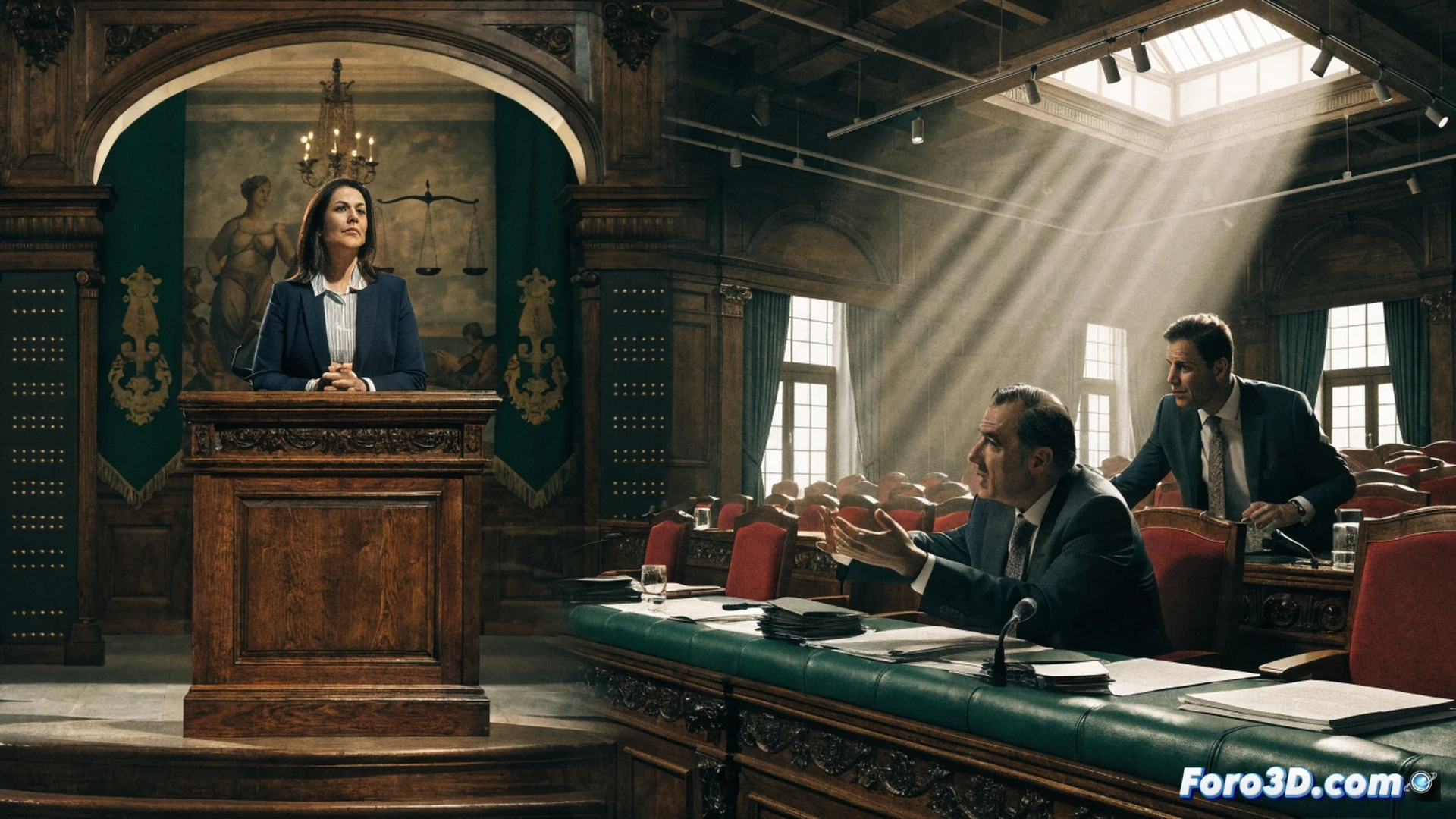 Photorealistic scene of a Spanish Senate chamber, a female director in Guardia Civil uniform standing at a podium, her hand resting on a stack of opaque folders labeled with blurred seals, opposition politicians in the foreground pointing and demanding resignation, a large projection screen behind her displaying a timeline of secret meetings with a former PSOE militant, glowing red lines connecting names to a judicial investigation, scattered documents on the bench showing budget reports and official seals, dramatic overhead lighting casting long shadows, cinematic political thriller atmosphere, ultra-detailed textures on wood paneling and microphones, technical illustration style
