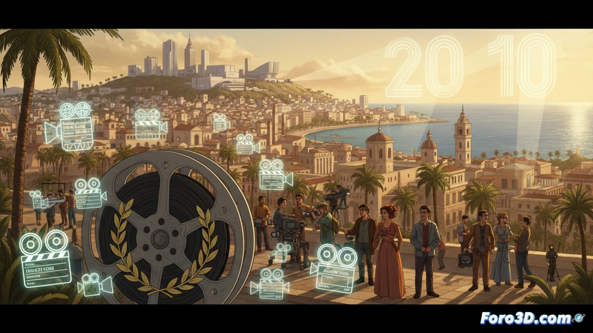 acuerdo cinematográfico firmado sobre mesa de producción, mapa de Alicante iluminado con puntos de rodaje, claqueta digital mostrando veinte películas en proceso, jóvenes técnicos operando cámaras ARRI y monitores DaVinci Resolve durante grabación, presupuesto de 18 a 24 millones representado por gráficos financieros flotantes, actor principal con vestuario histórico de The People of the Book frente a chroma key, grúa de cámara en movimiento sobre set mediterráneo, cinematic photorealistic render, iluminación de estudio con softboxes y fresnel, profundidad de campo, atmósfera de producción profesional, detalles de cables y equipos de sonido