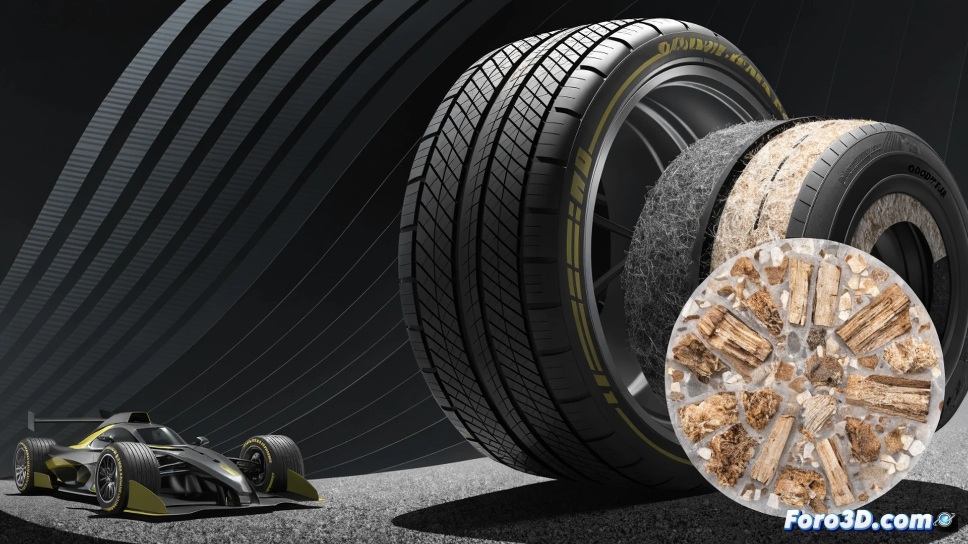race car cornering at high speed on a racetrack, tire surface showing visible recycled material texture with embedded steel fibers and natural rubber grain, tire fragments releasing microscopic sustainable particles during intense braking, smoke trails from heated rubber, pit crew in background holding advanced diagnostic scanning tools near a tire with green certification markings, cinematic engineering visualization, dramatic sunset lighting casting long shadows, ultra-detailed tire tread patterns with eco-label embossing, photorealistic technical render, motion blur on wheels, sparks from brake disc contact, realistic asphalt texture
