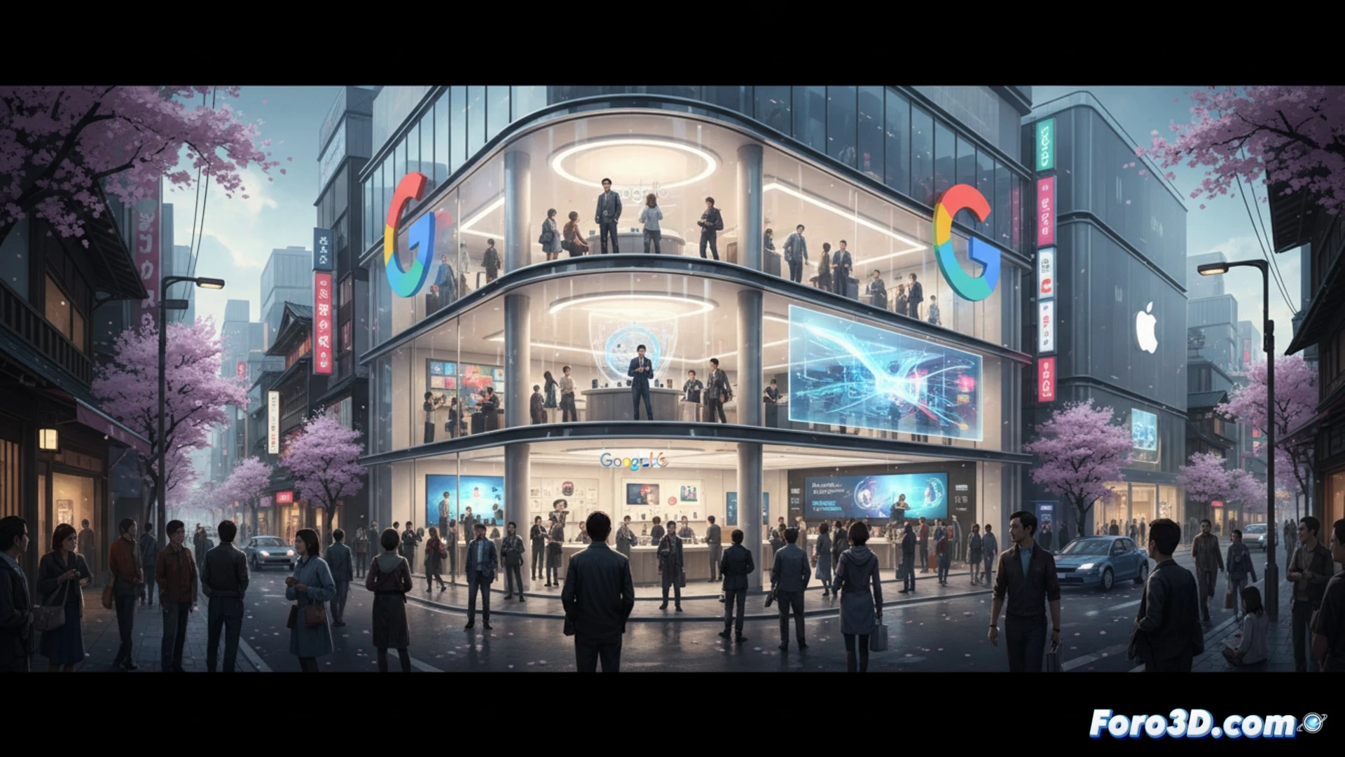 Japanese customer examining Pixel phone with AI translation demo on screen, store interior showing repair station with opened Pixel device and precision tools, staff member using diagnostic tablet nearby, minimalist wood-and-glass design, soft ambient lighting from ceiling panels, wall displaying Pixel lineup with glowing AI feature icons, photorealistic architectural visualization, clean lines and warm tones, subtle motion blur on customer hand gesture, technical detail on phone screen showing real-time language translation, ultra-realistic materials and reflections, cinematic composition with depth of field